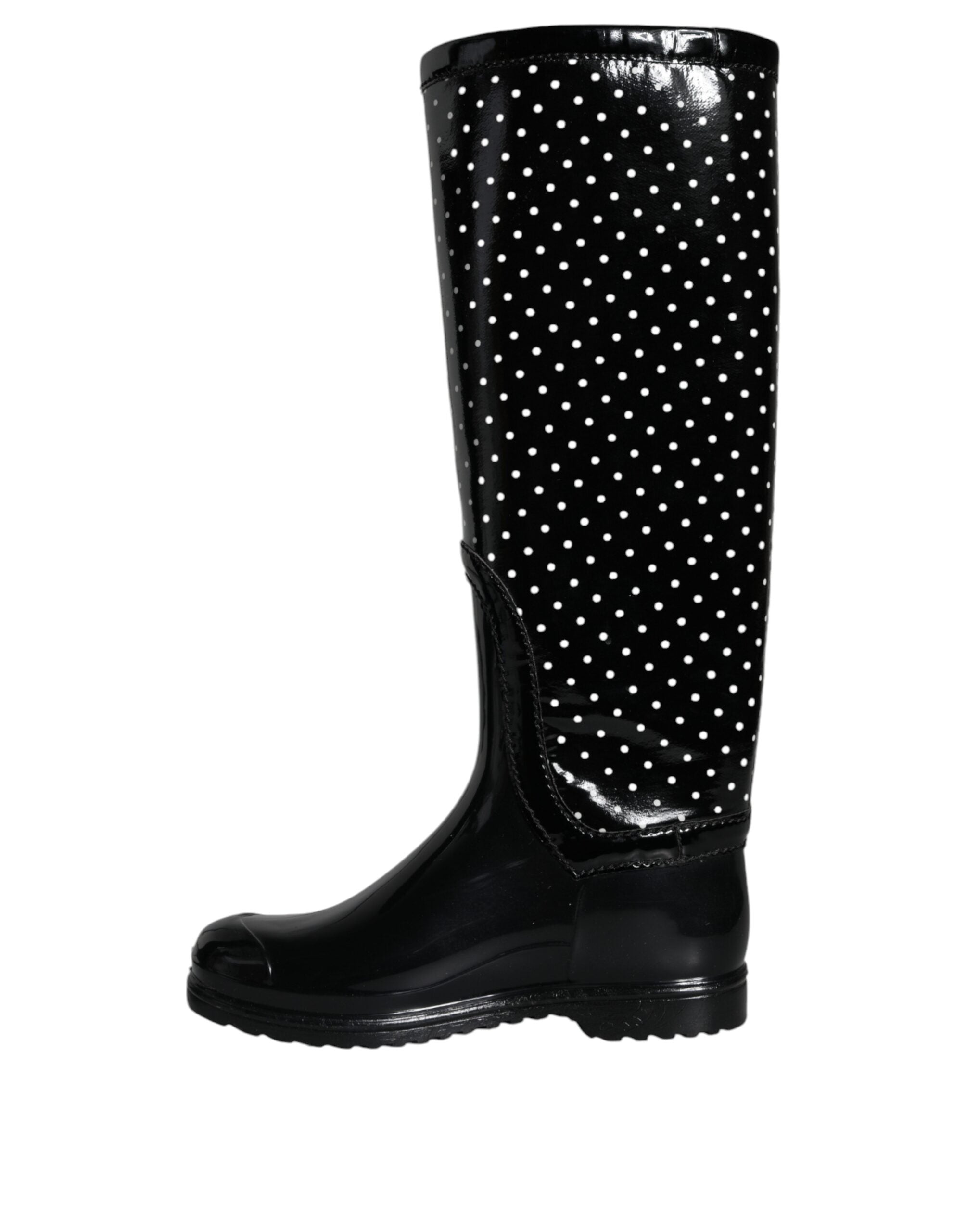 Dolce & Gabbana Black Polka Dot Rubber Knee High Boots Women's Shoes