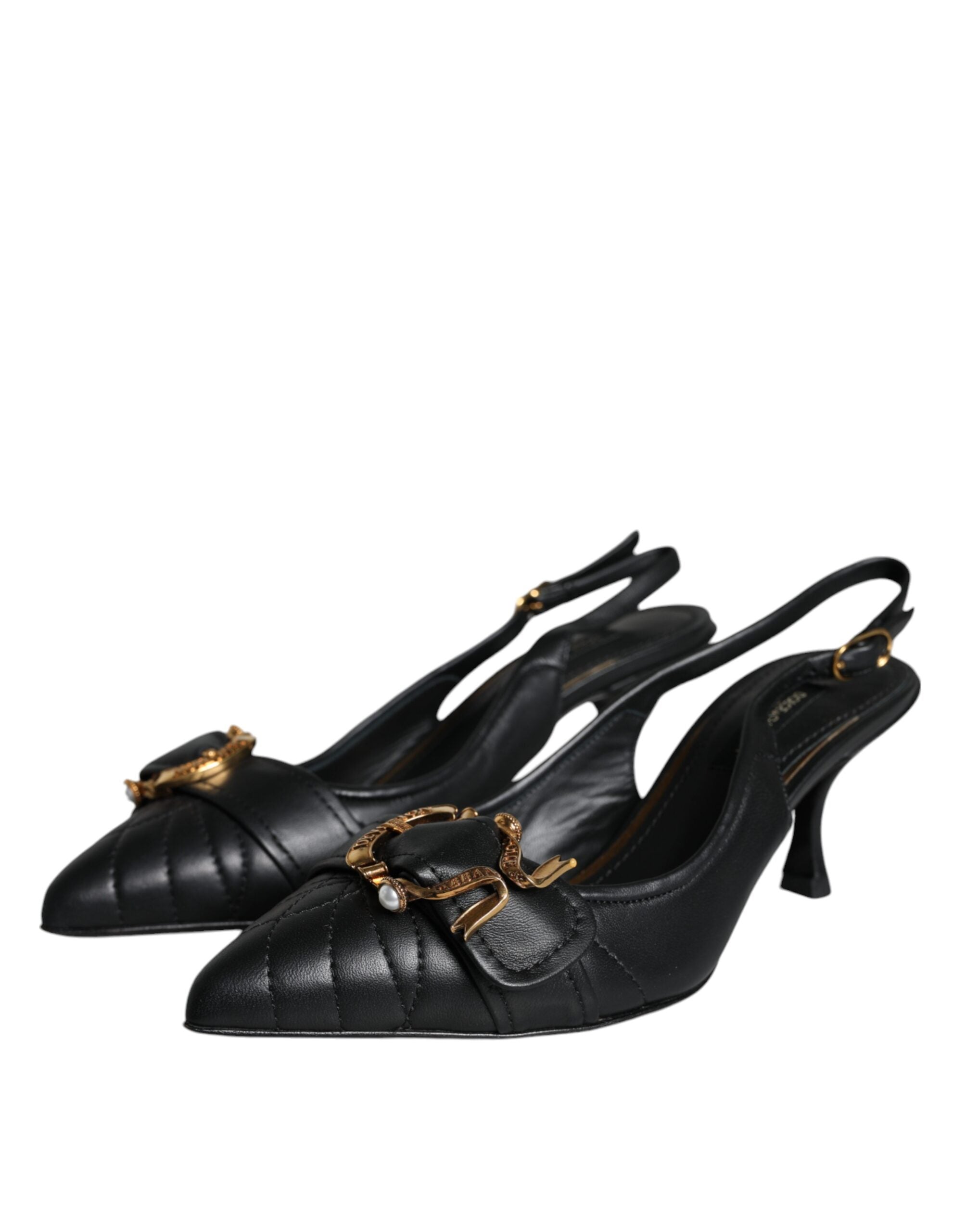 Dolce & Gabbana Black Devotion Leather Heels Slingback Shoes (Pre-Owned)