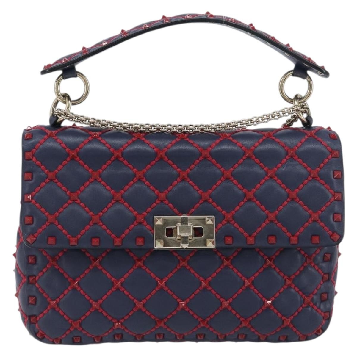 Valentino Garavani Rockstud Spike Flap Quilted Leather Navy Leather Shoulder Bag Bag (Pre-Owned)