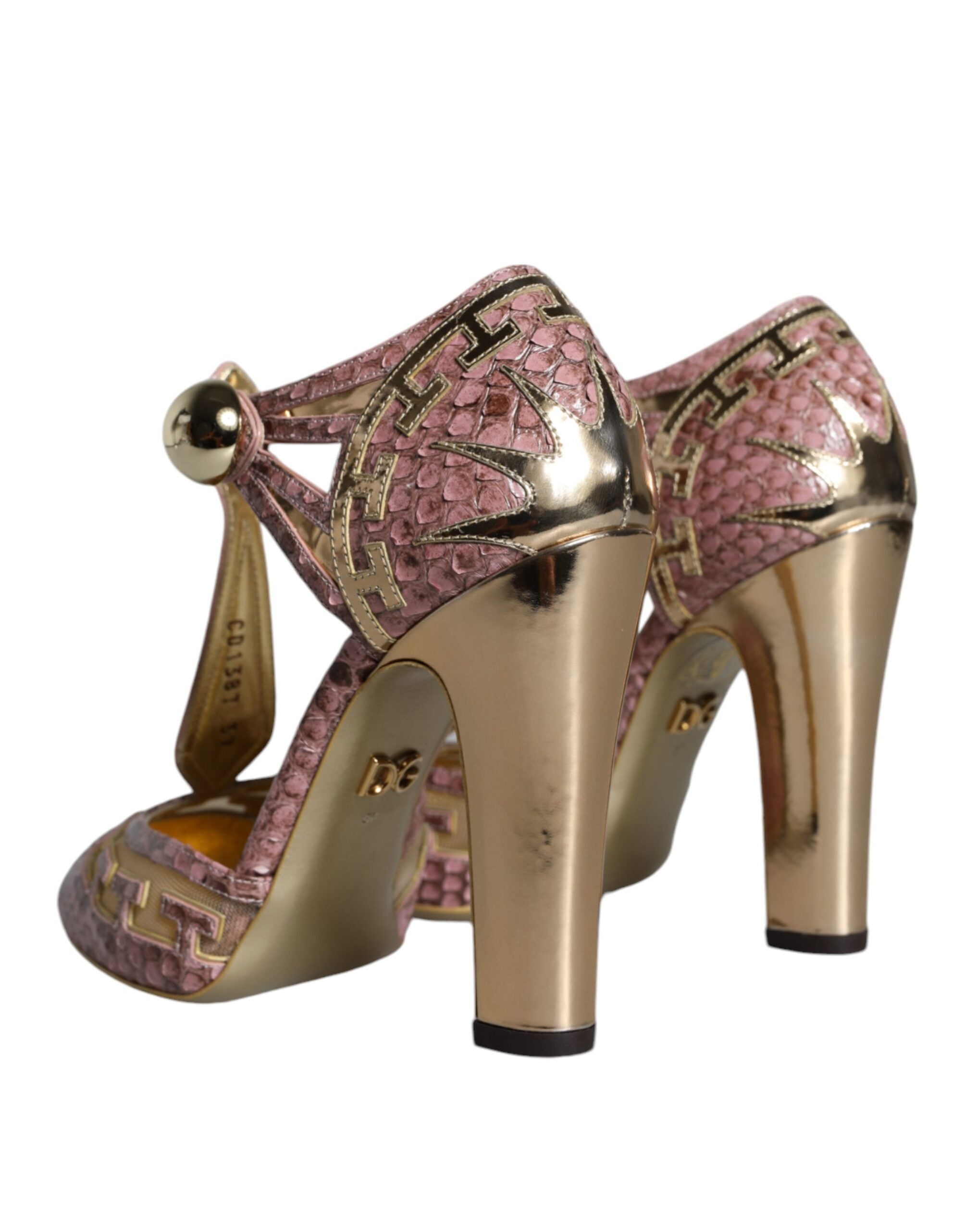 Dolce & Gabbana Pink Gold Leather Pumps T-strap Sandals Women's Shoes