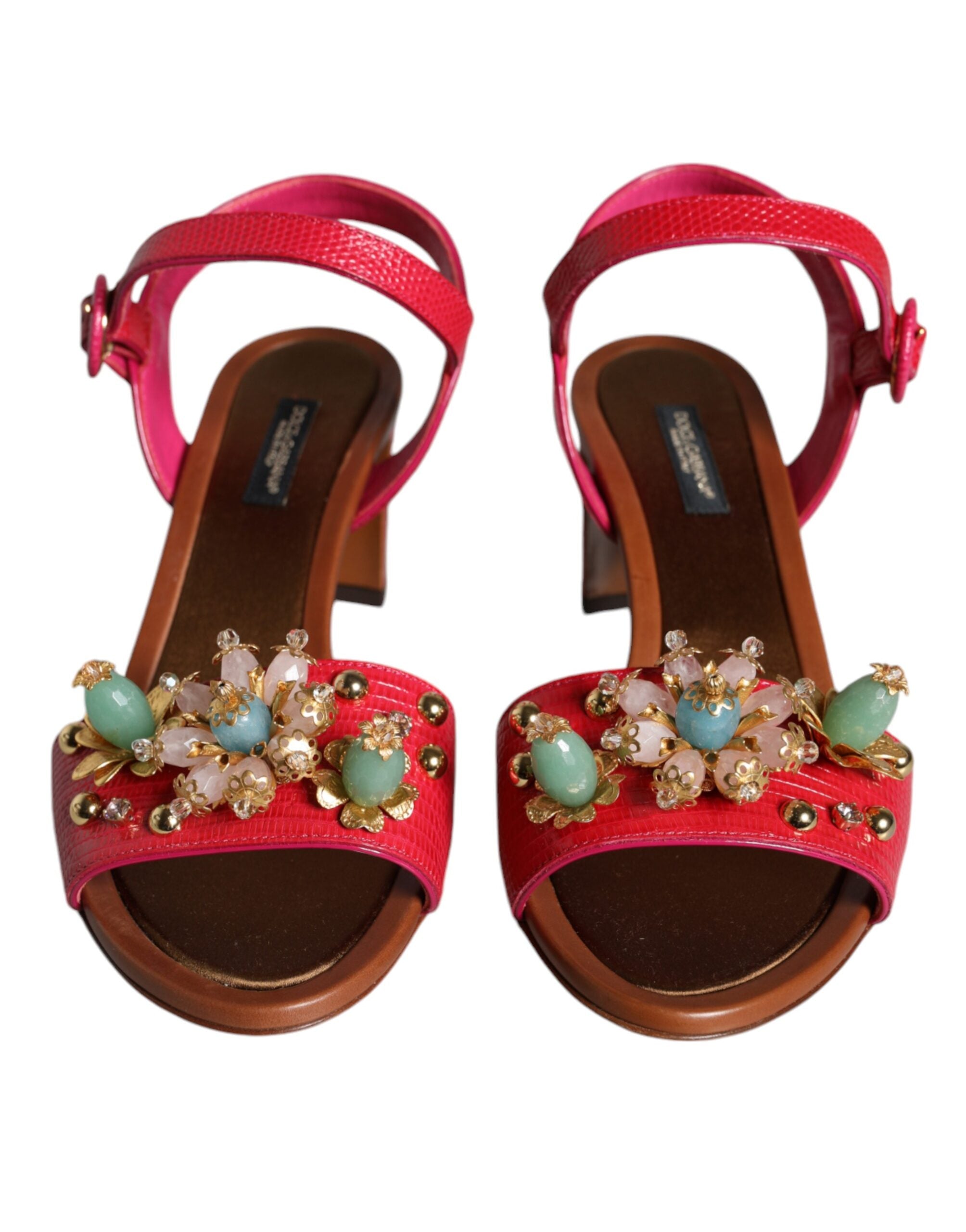 Dolce & Gabbana Fuchsia Leather Embellished Keira Sandals Women's Shoes