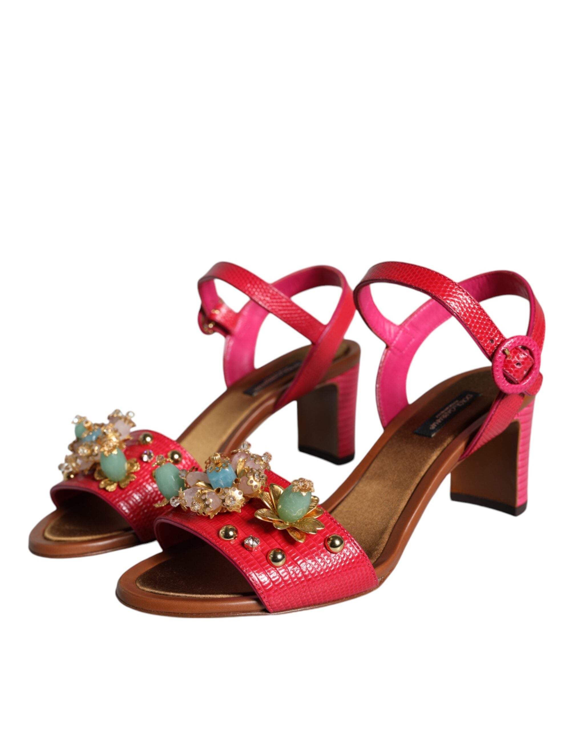 Dolce & Gabbana Fuchsia Leather Embellished Keira Sandals Women's Shoes