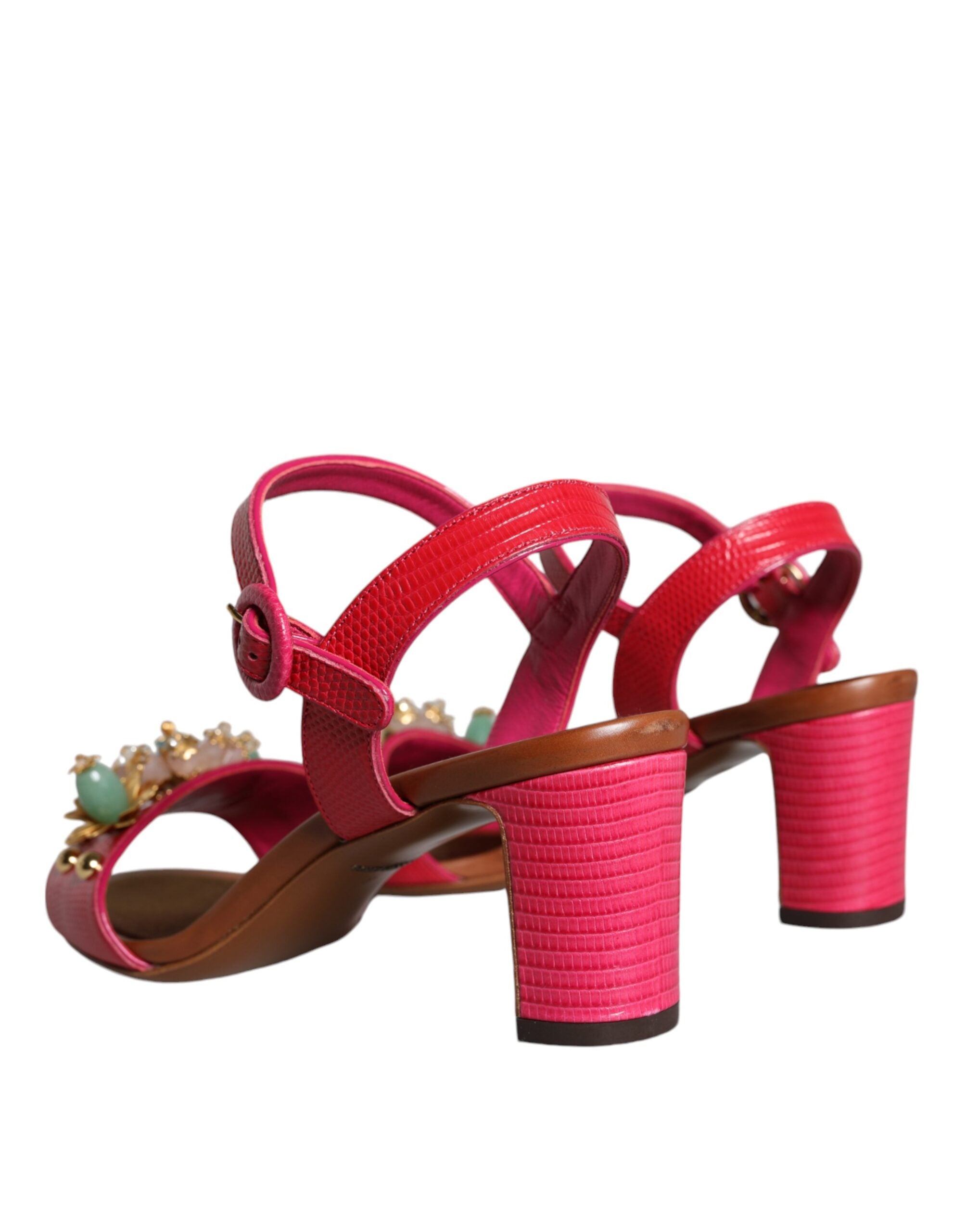 Dolce & Gabbana Fuchsia Leather Embellished Keira Sandals Women's Shoes