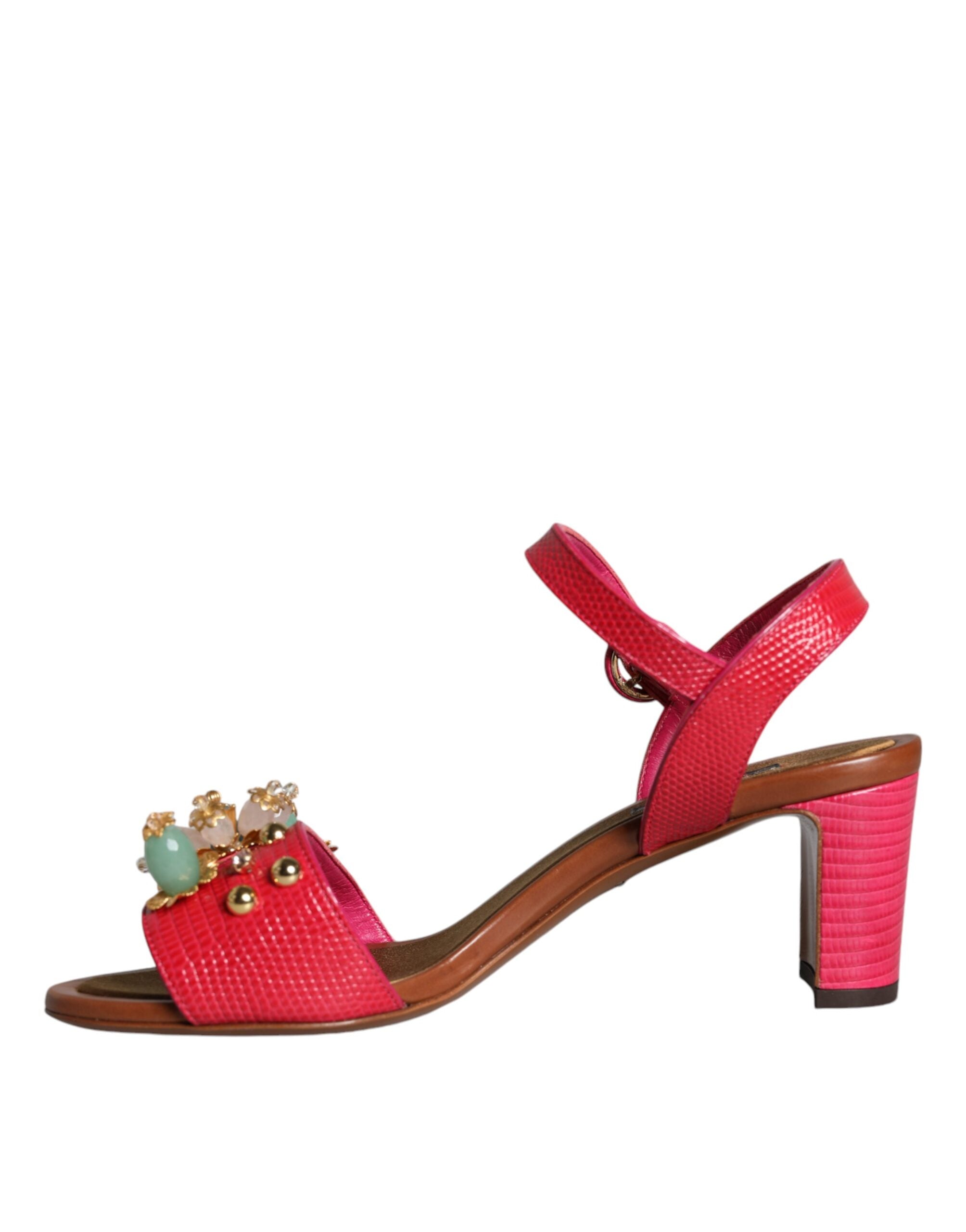 Dolce & Gabbana Fuchsia Leather Embellished Keira Sandals Women's Shoes