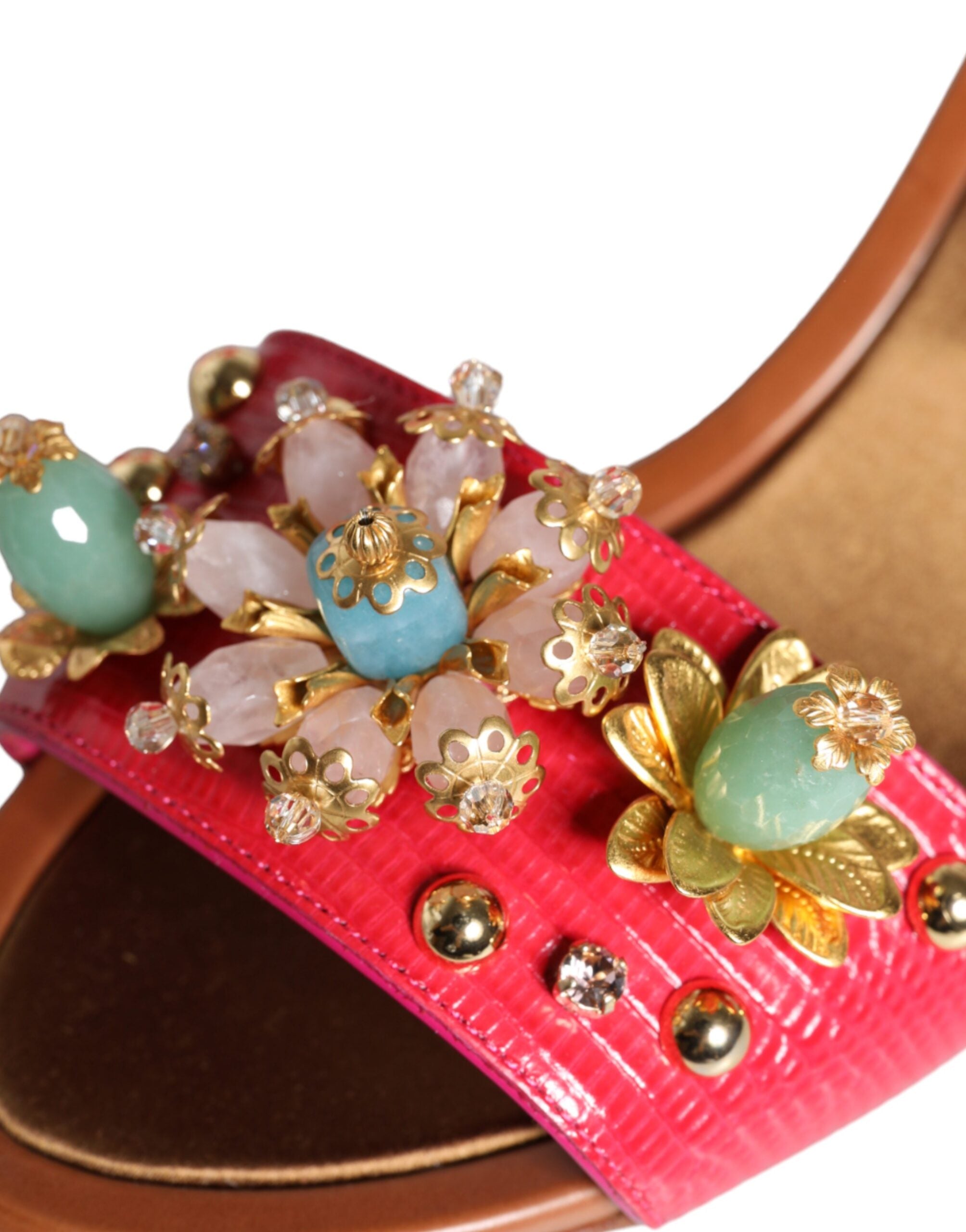 Dolce & Gabbana Fuchsia Leather Embellished Keira Sandals Women's Shoes