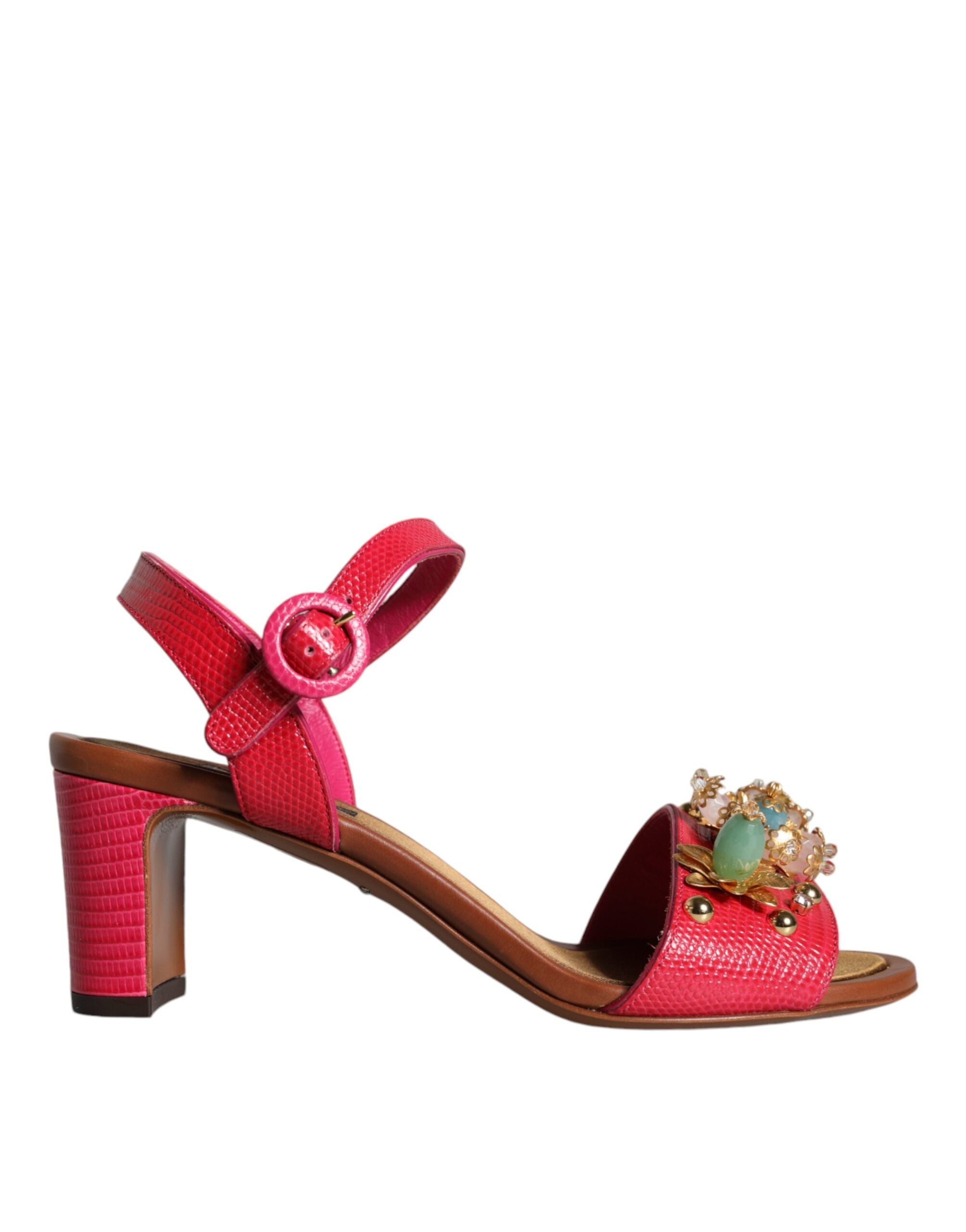 Dolce & Gabbana Fuchsia Leather Embellished Keira Sandals Women's Shoes