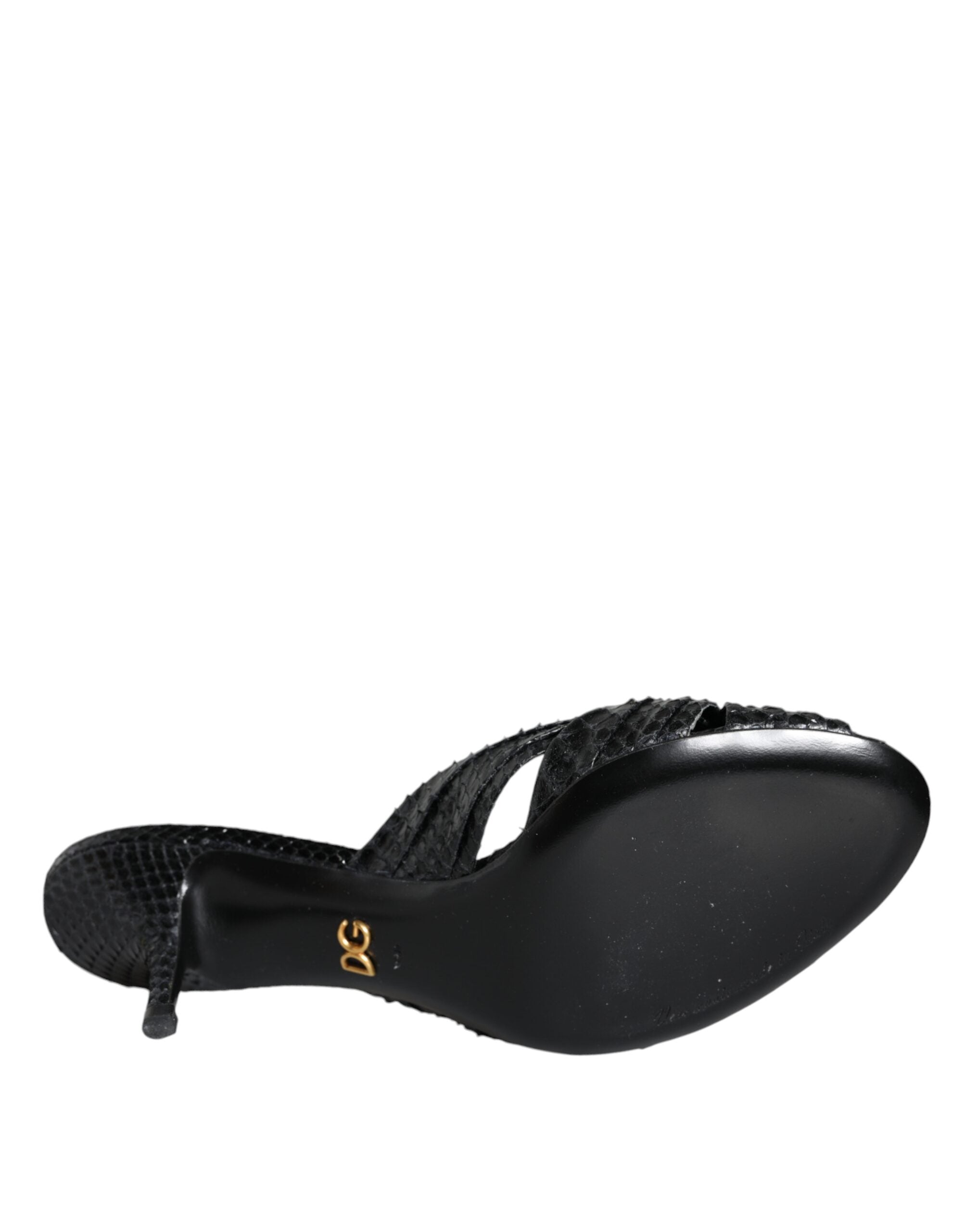 Dolce & Gabbana Black Leather Heels Slides Sandals Women's Shoes