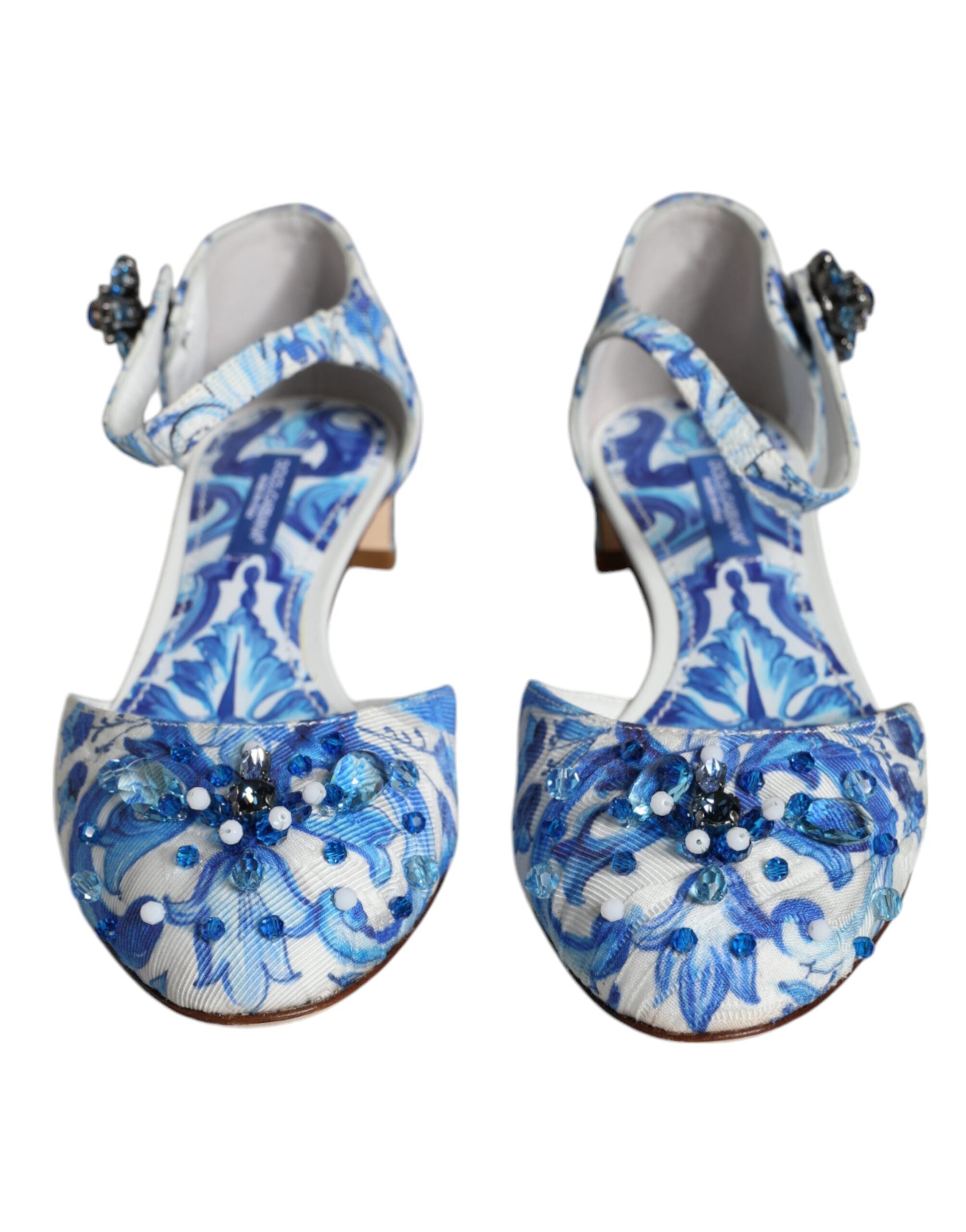 Dolce & Gabbana White Blue Majolica Print Ankle Strap Sandals Women's Shoes (Pre-Owned)