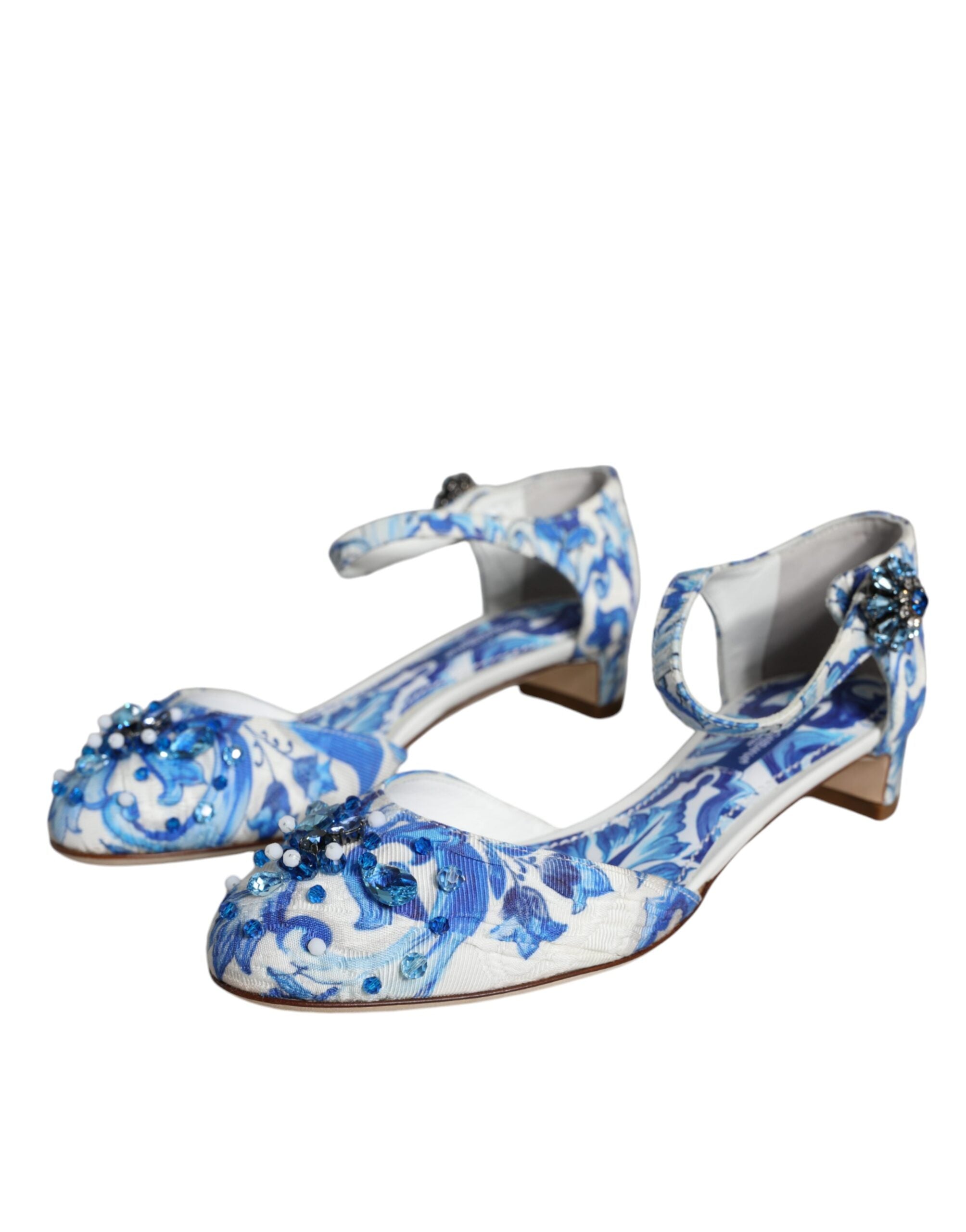 Dolce & Gabbana White Blue Majolica Print Ankle Strap Sandals Women's Shoes (Pre-Owned)