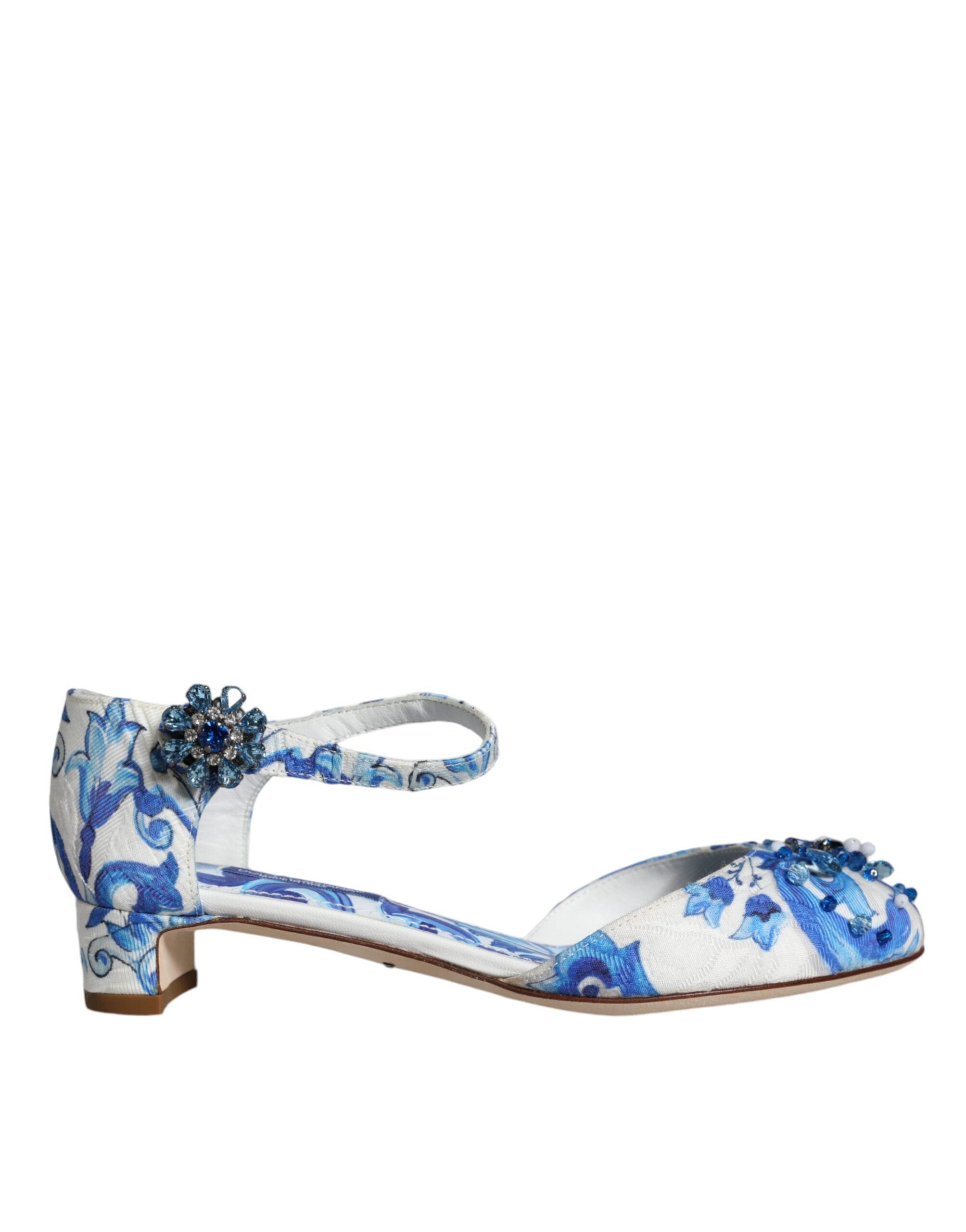 Dolce & Gabbana White Blue Majolica Print Ankle Strap Sandals Women's Shoes (Pre-Owned)