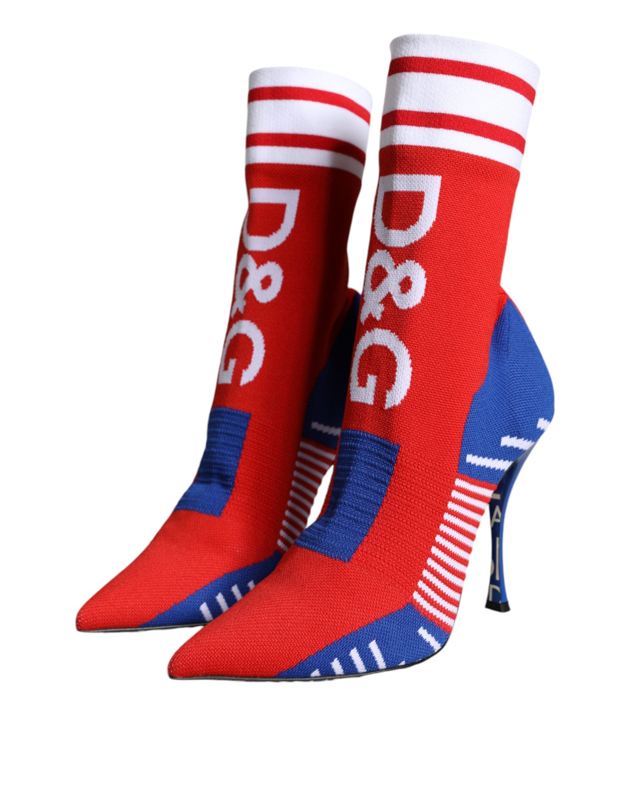 Dolce & Gabbana Red Blue Stretch Sock Style Ankle Boots Logo Women's Shoes