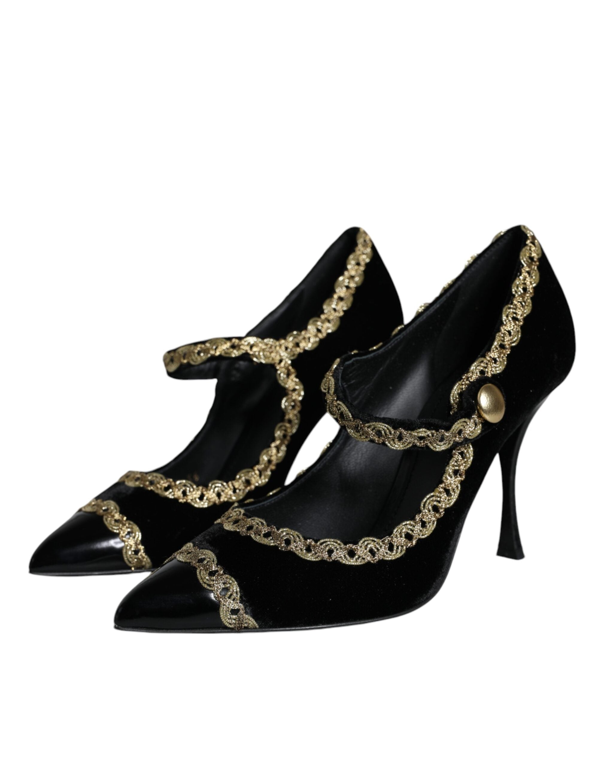 Dolce & Gabbana Black Mary Janes Velvet Gold Pumps Women's Shoes