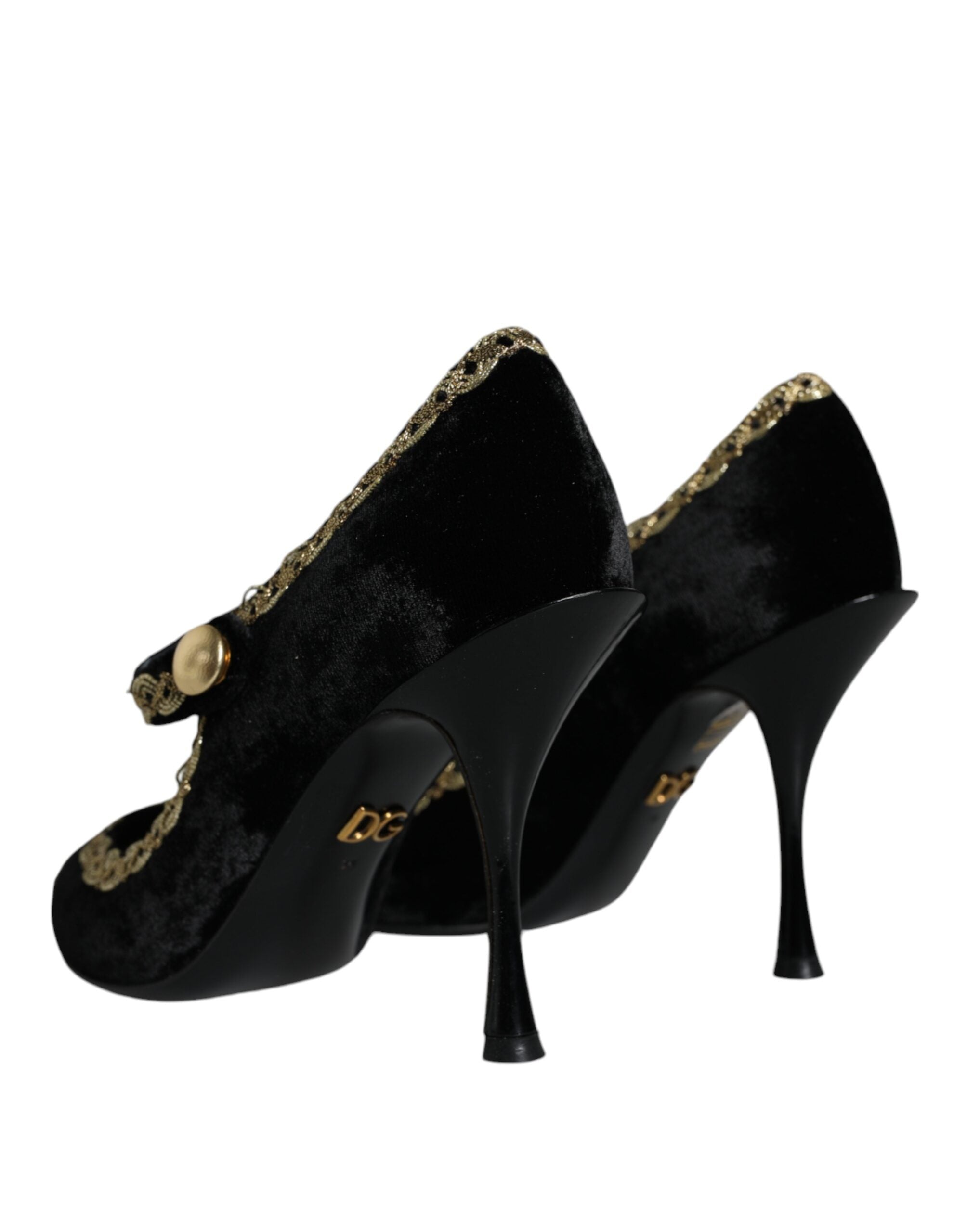 Dolce & Gabbana Black Mary Janes Velvet Gold Pumps Women's Shoes