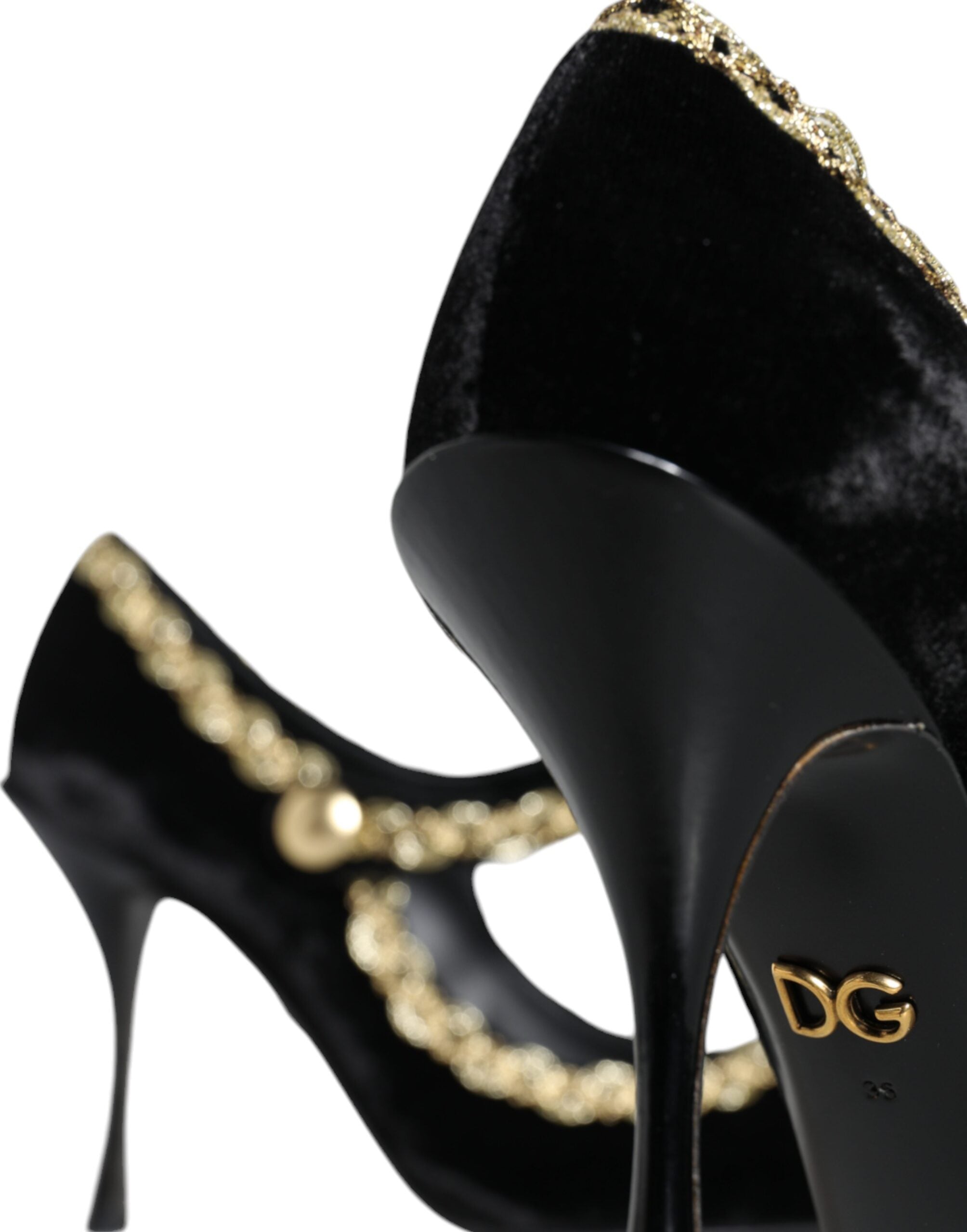 Dolce & Gabbana Black Mary Janes Velvet Gold Pumps Women's Shoes