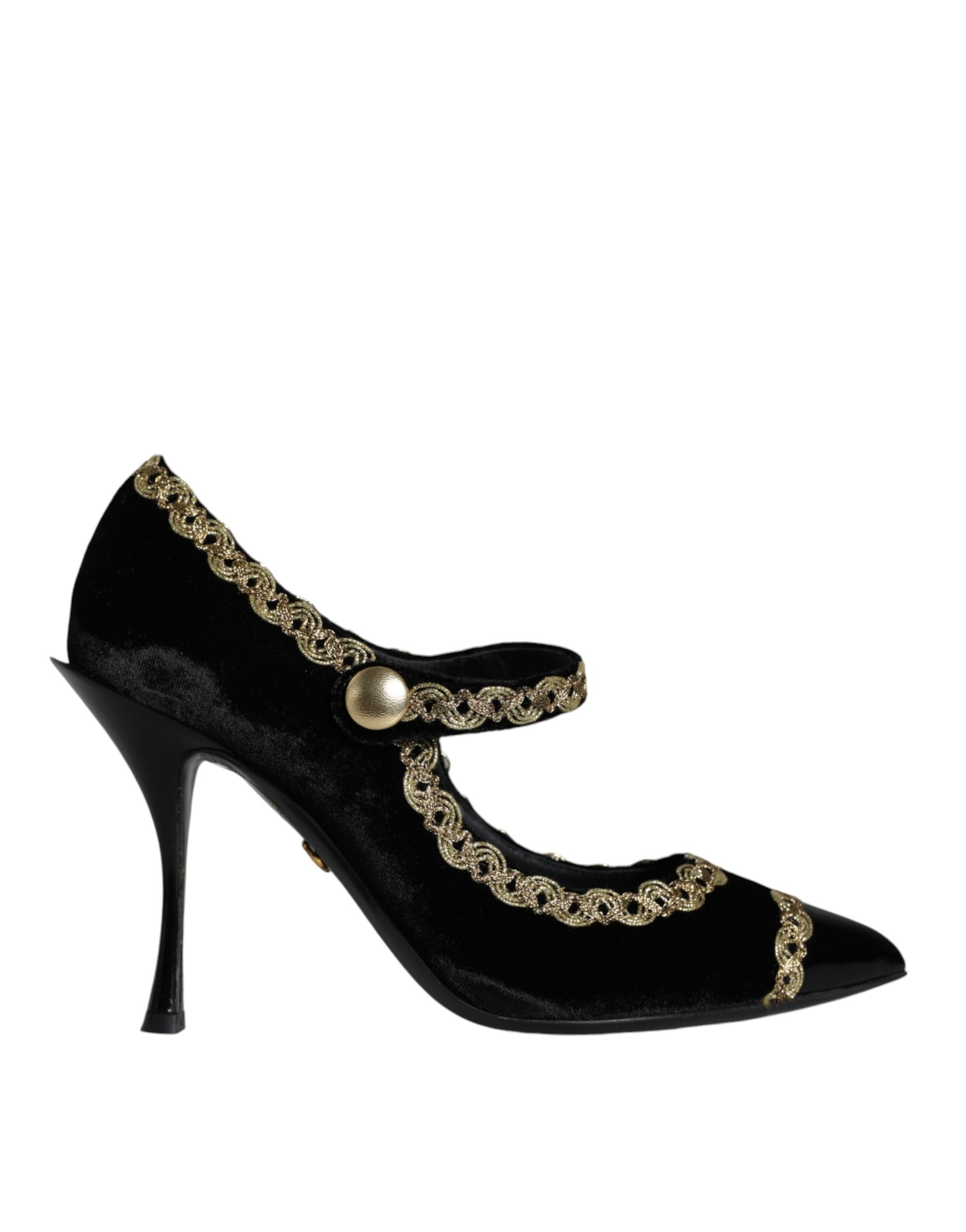 Dolce & Gabbana Black Mary Janes Velvet Gold Pumps Women's Shoes