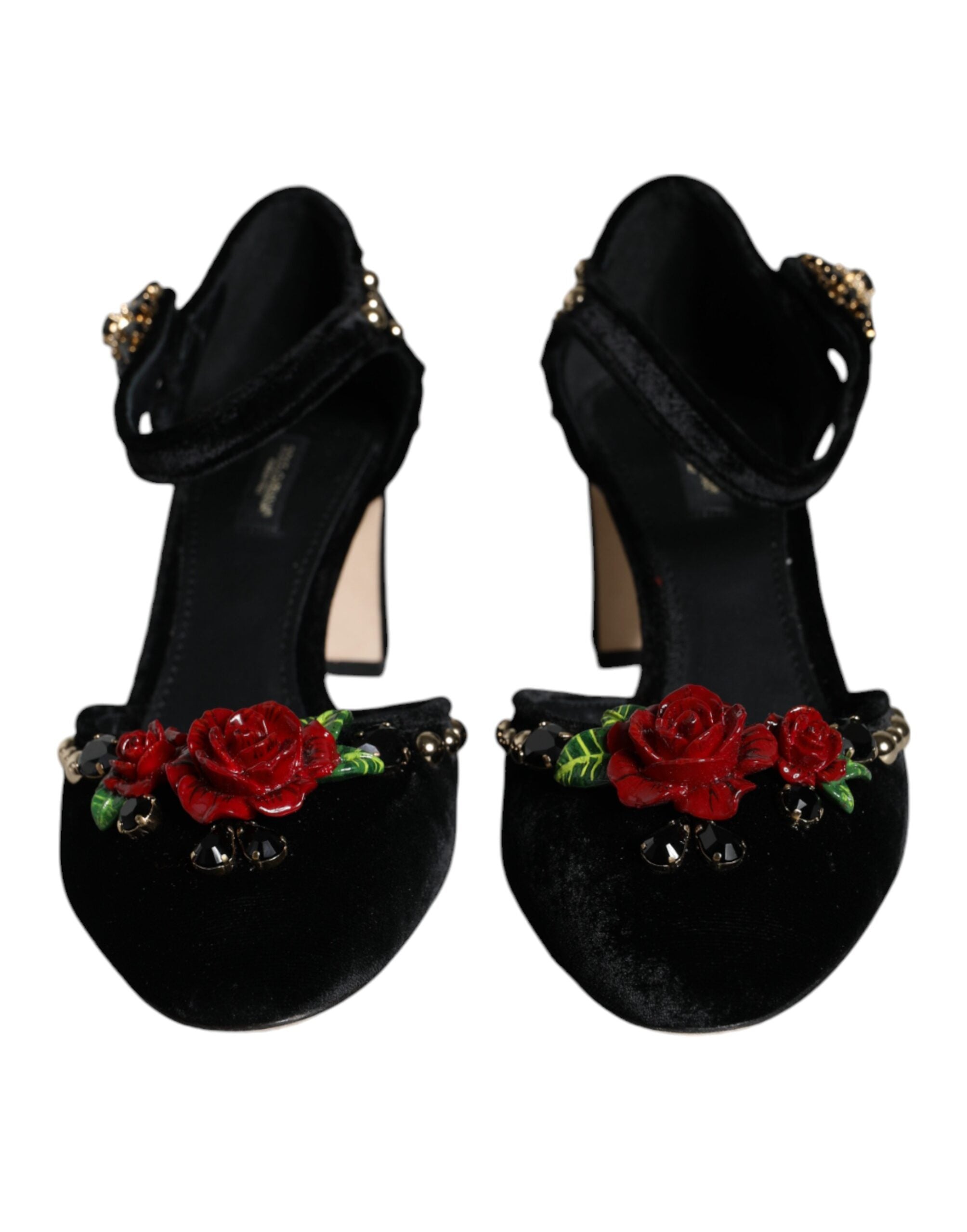 Dolce & Gabbana Black Velvet Roses Ankle Strap Pumps Women's Shoes