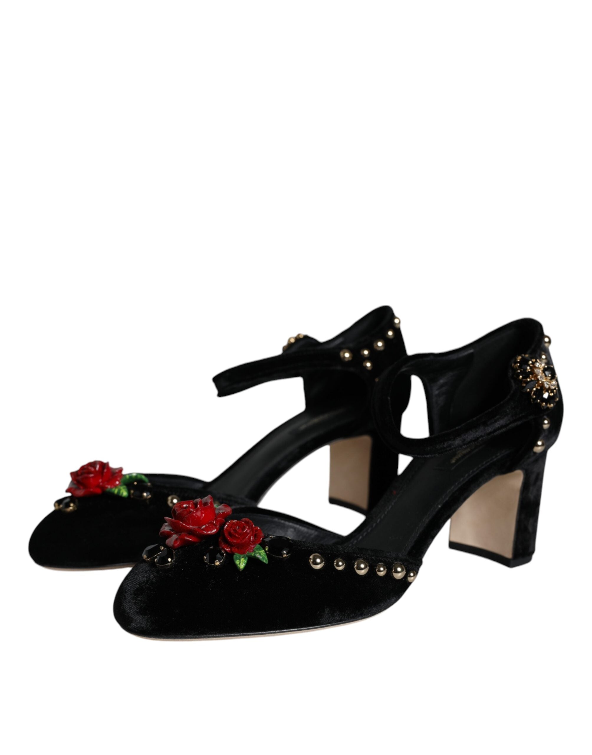 Dolce & Gabbana Black Velvet Roses Ankle Strap Pumps Women's Shoes