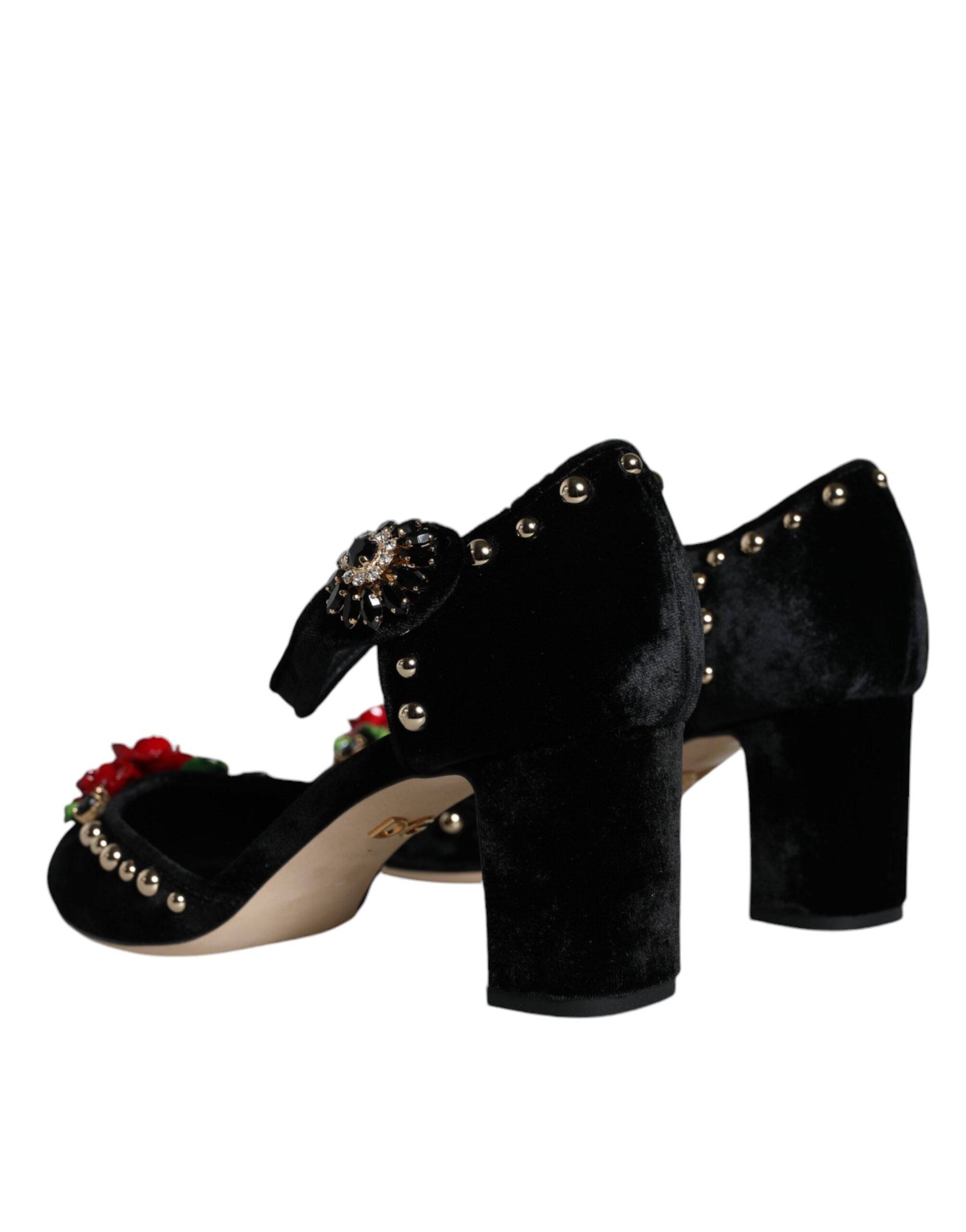 Dolce & Gabbana Black Velvet Roses Ankle Strap Pumps Women's Shoes