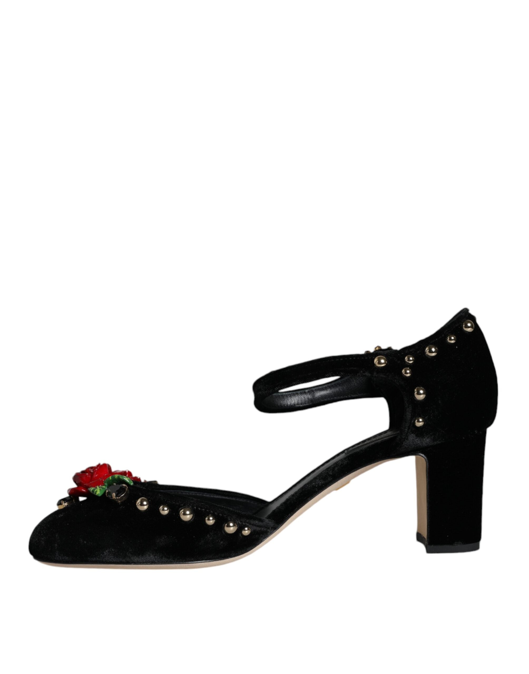 Dolce & Gabbana Black Velvet Roses Ankle Strap Pumps Women's Shoes
