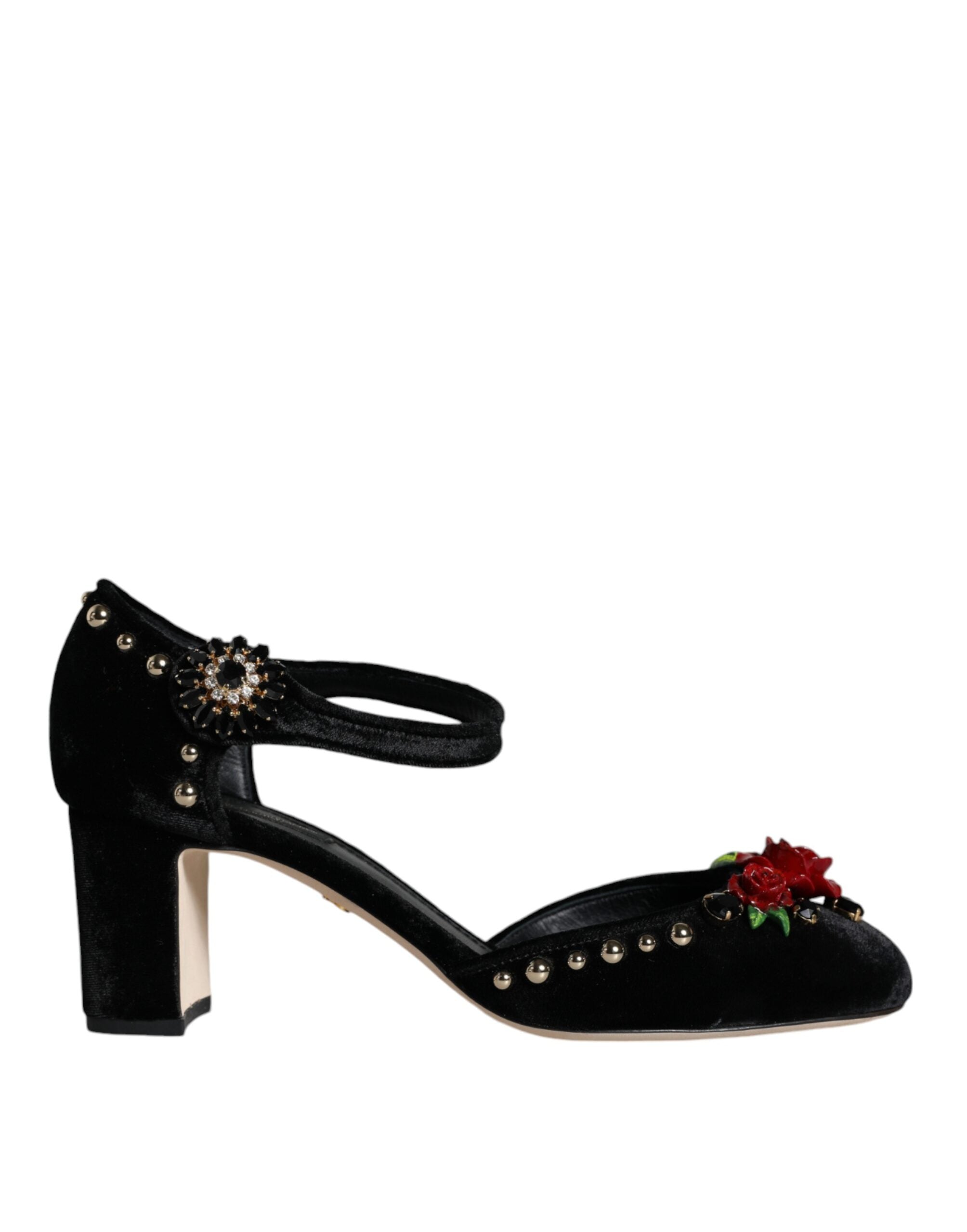 Dolce & Gabbana Black Velvet Roses Ankle Strap Pumps Women's Shoes