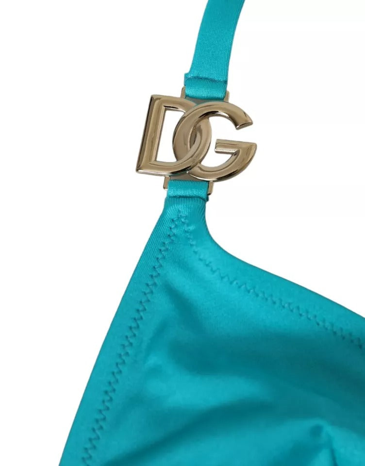 Dolce & Gabbana Blue Green Halter DG Logo Swimwear Beachwear Bikini Women's Top