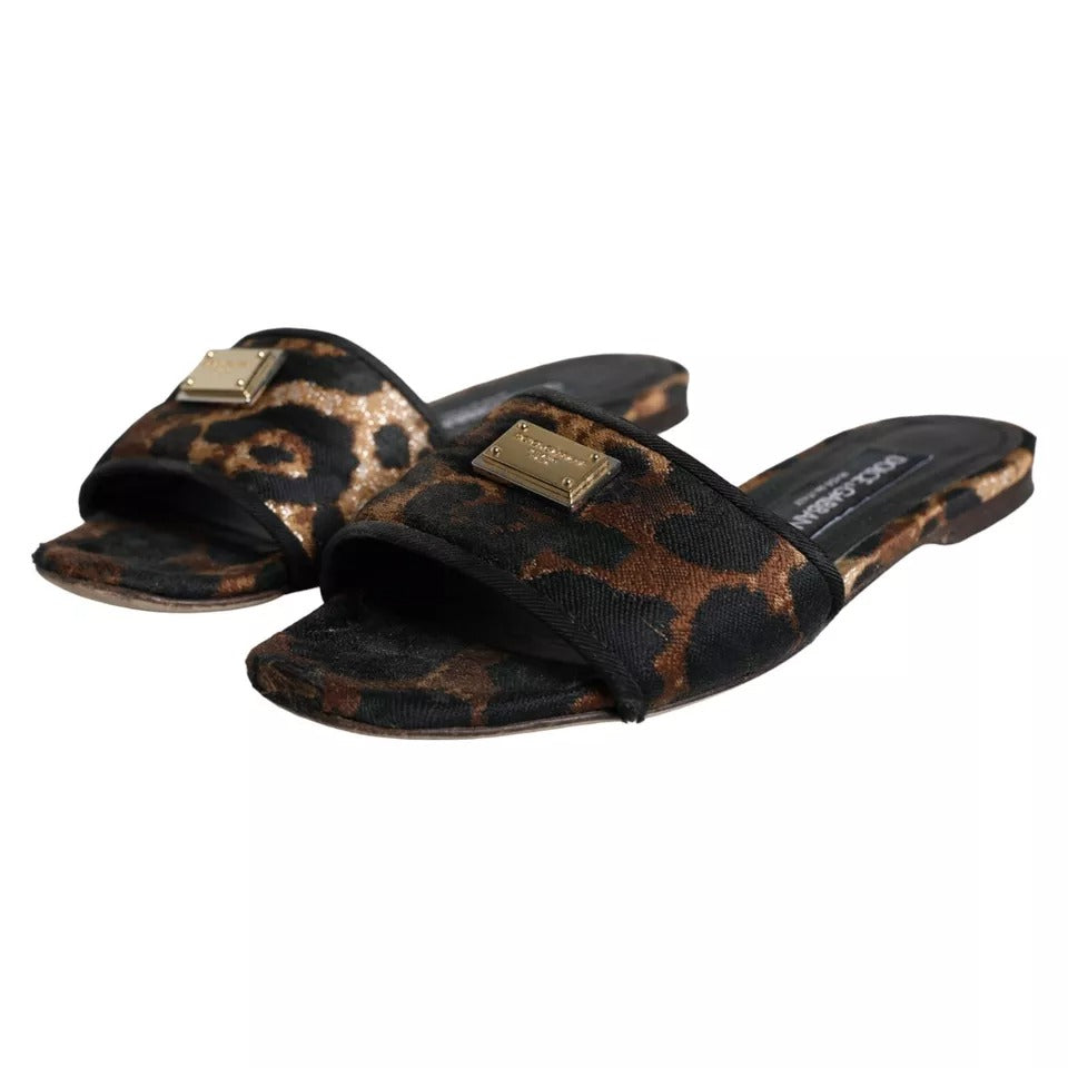 Dolce & Gabbana Brown Leopard Logo Slides Flats Sandals Women's Shoes (Pre-Owned)