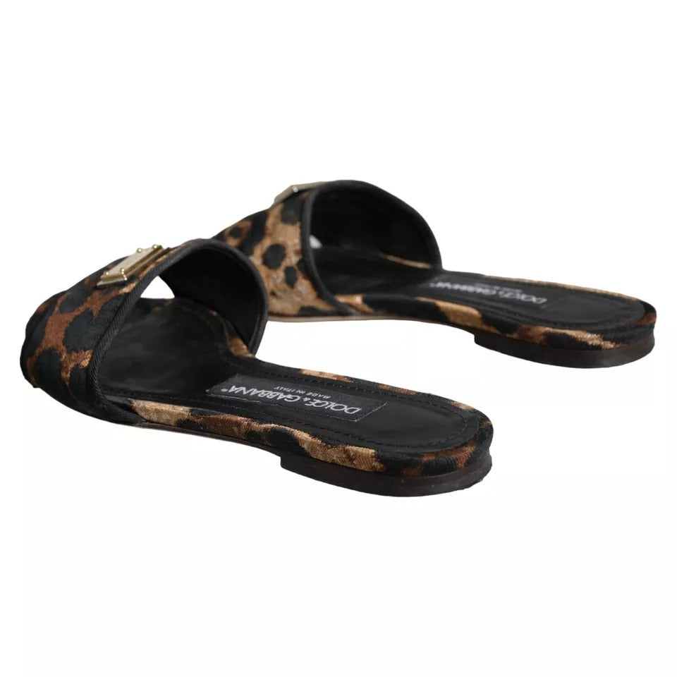 Dolce & Gabbana Brown Leopard Logo Slides Flats Sandals Women's Shoes (Pre-Owned)