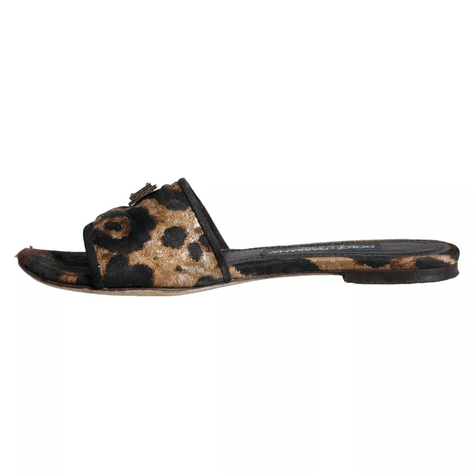 Dolce & Gabbana Brown Leopard Logo Slides Flats Sandals Women's Shoes (Pre-Owned)