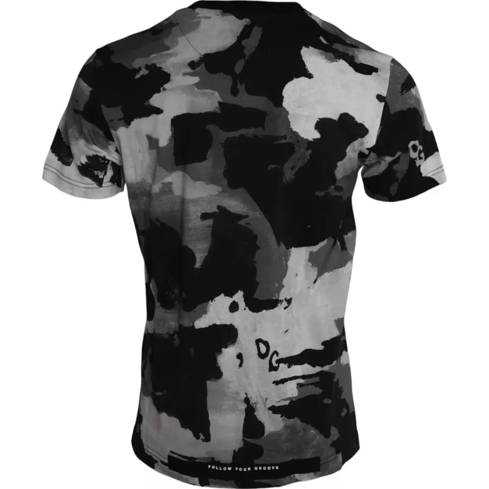 Dolce & Gabbana Black White Camouflage Round Neck Men's T-shirt