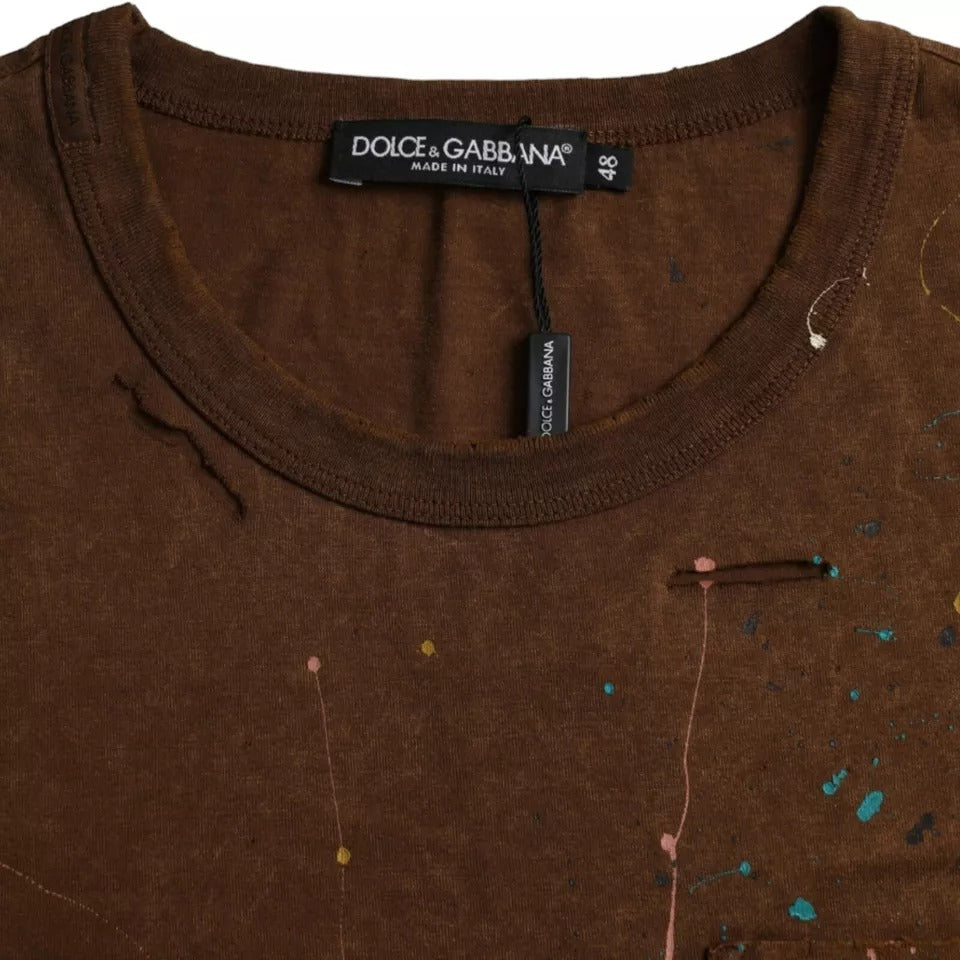 Dolce & Gabbana Brown Color Splash Cotton Crew Neck Men's T-shirt