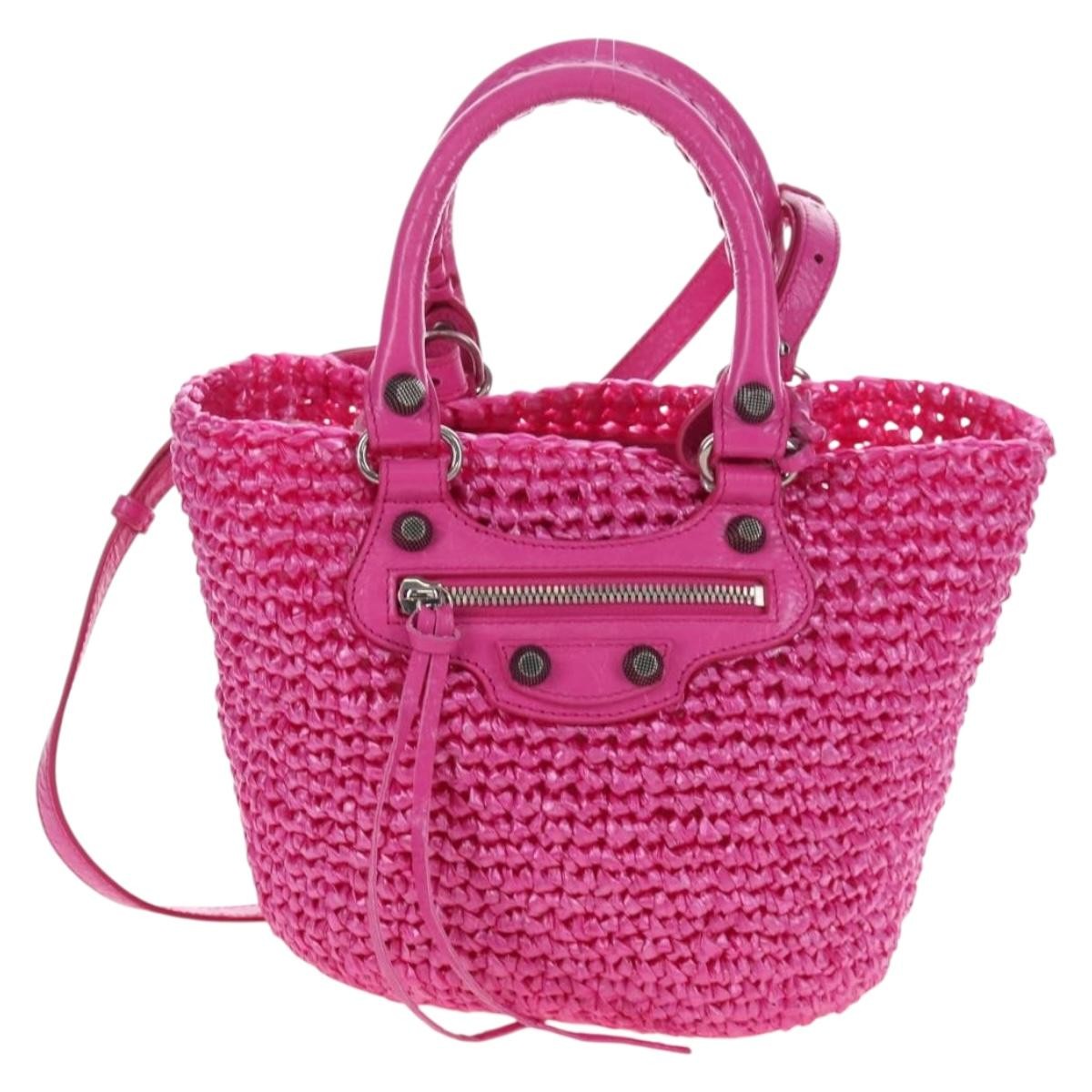 Balenciaga Le Cagole Panier Woven Raffia And Leather Pink Plastic Tote Bag Bag (Pre-Owned)