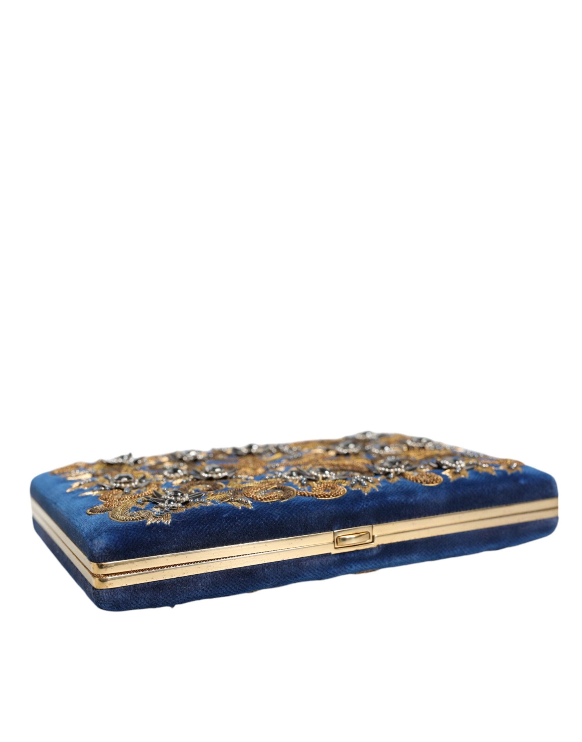 Dolce & Gabbana Blue Velvet Gold Frame Clutch Evening Party Purse Women's Bag