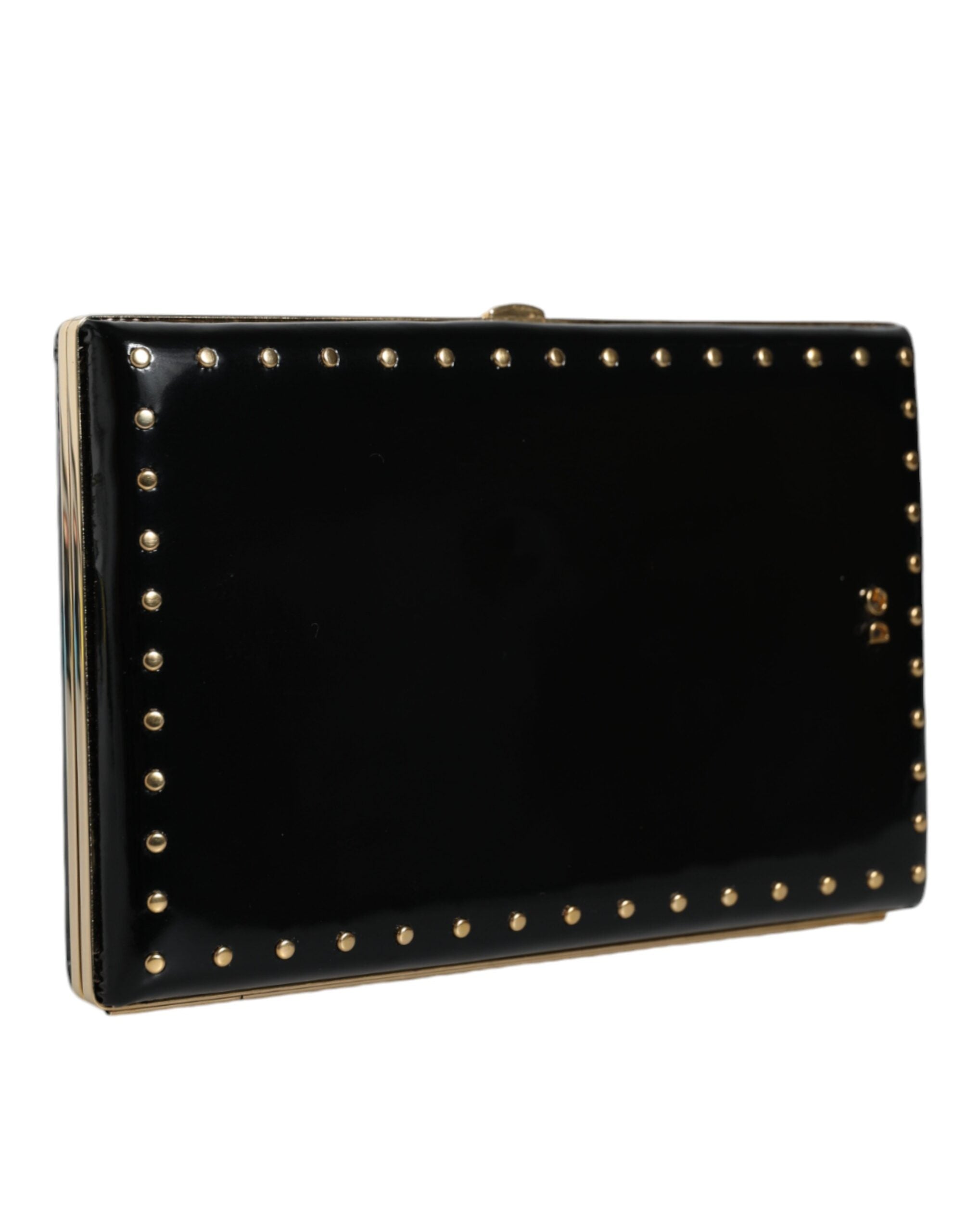Dolce & Gabbana Black Leather Studs Gold Frame Clutch Evening Purse Women's Bag