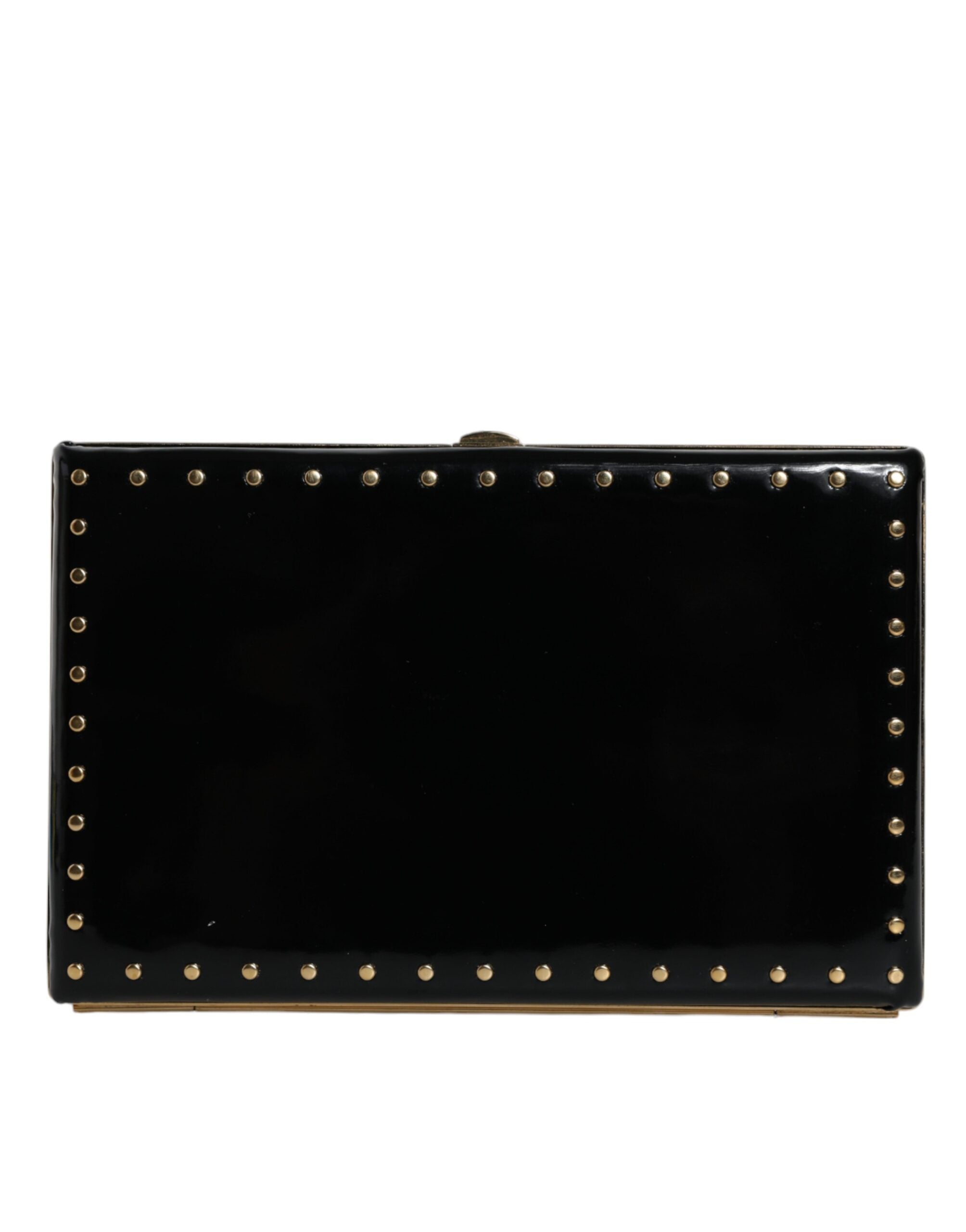 Dolce & Gabbana Black Leather Studs Gold Frame Clutch Evening Purse Women's Bag