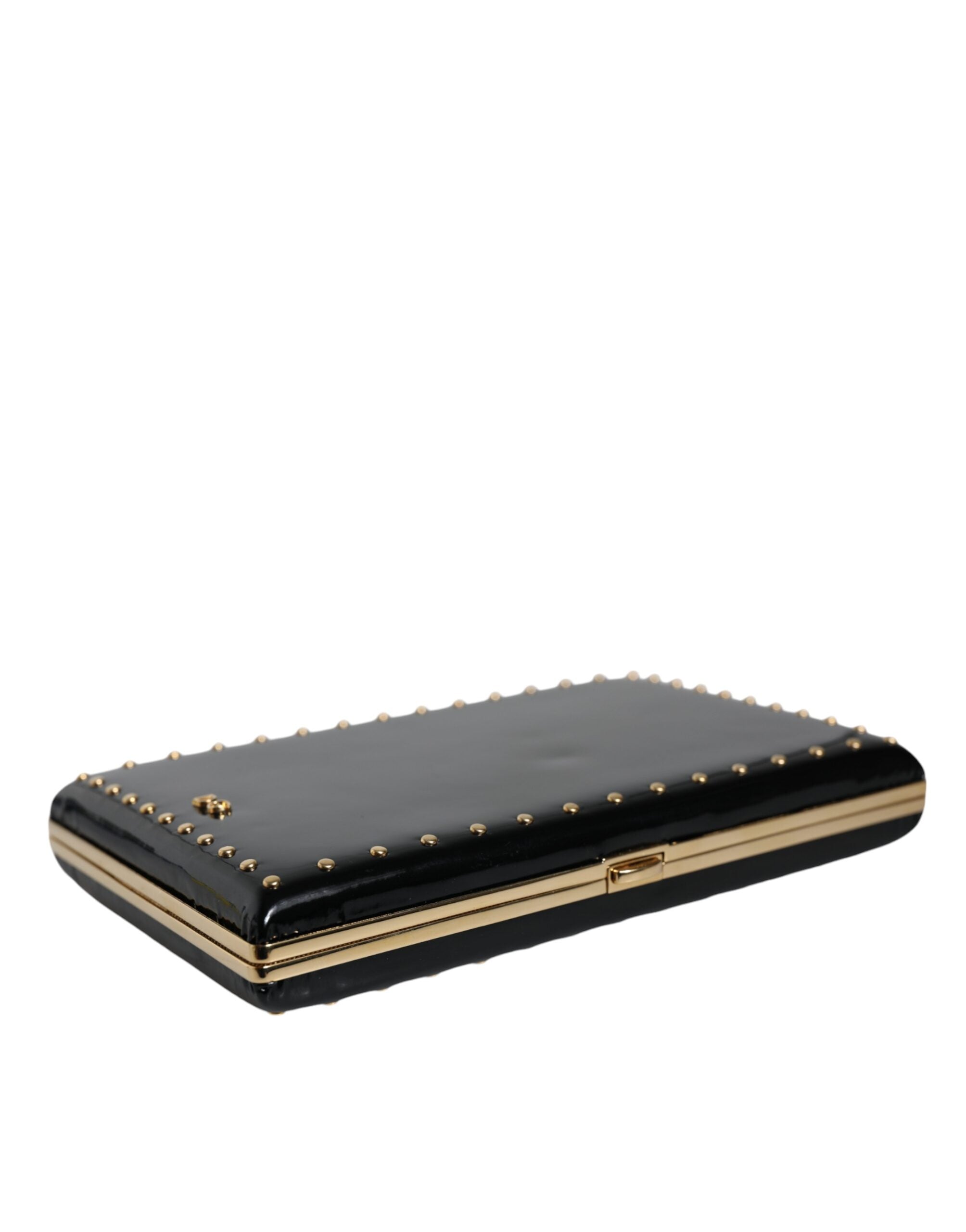 Dolce & Gabbana Black Leather Studs Gold Frame Clutch Evening Purse Women's Bag
