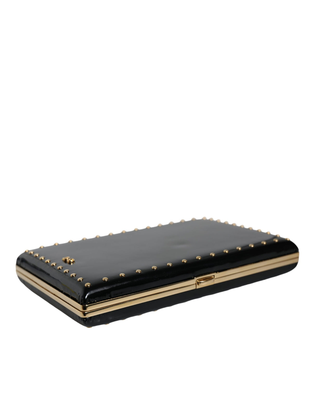 Dolce & Gabbana Black Leather Studs Gold Frame Clutch Evening Purse Women's Bag