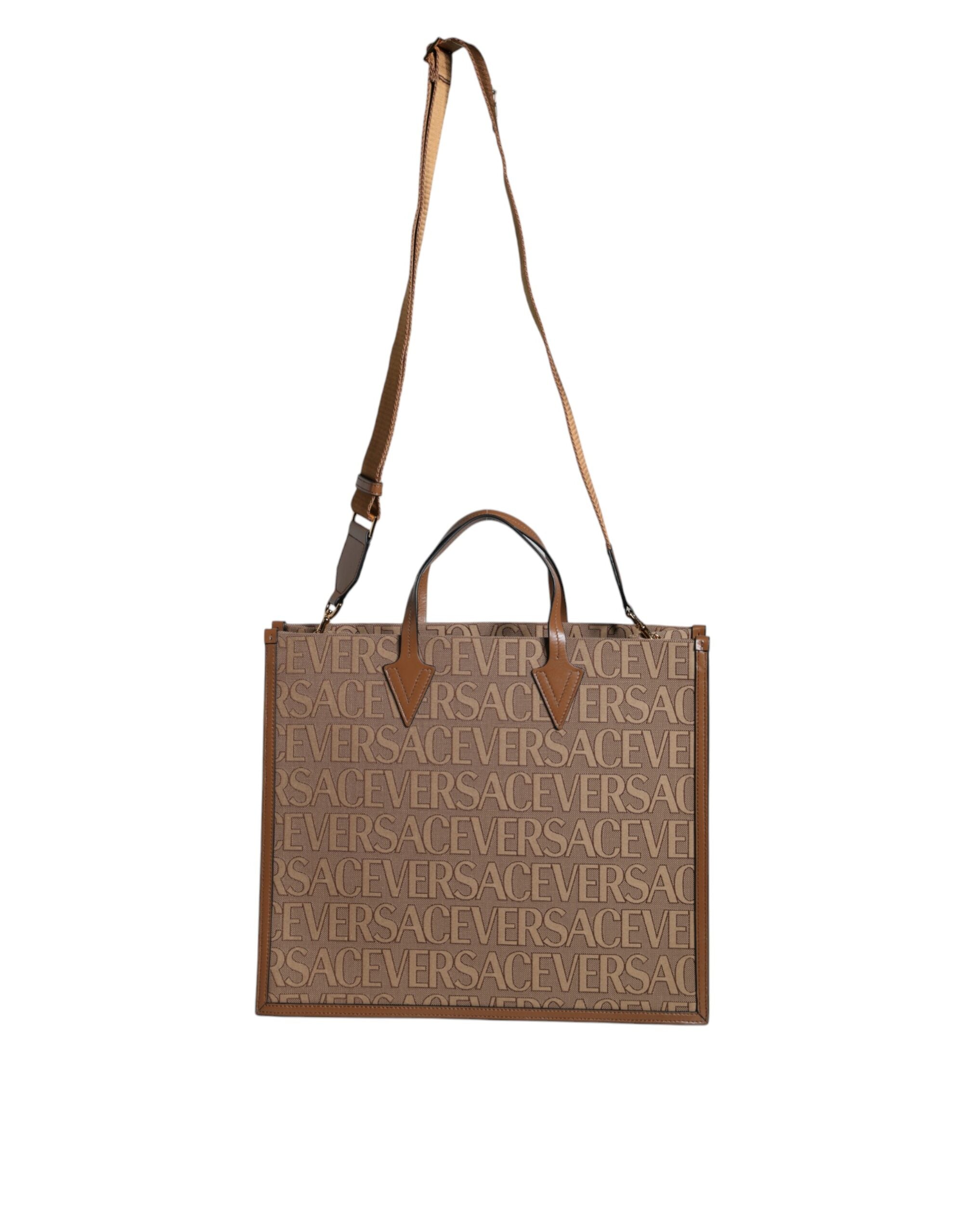Versace Brown Top Handle Jacquard Leather Logo Crossbody Tote Women's Bag