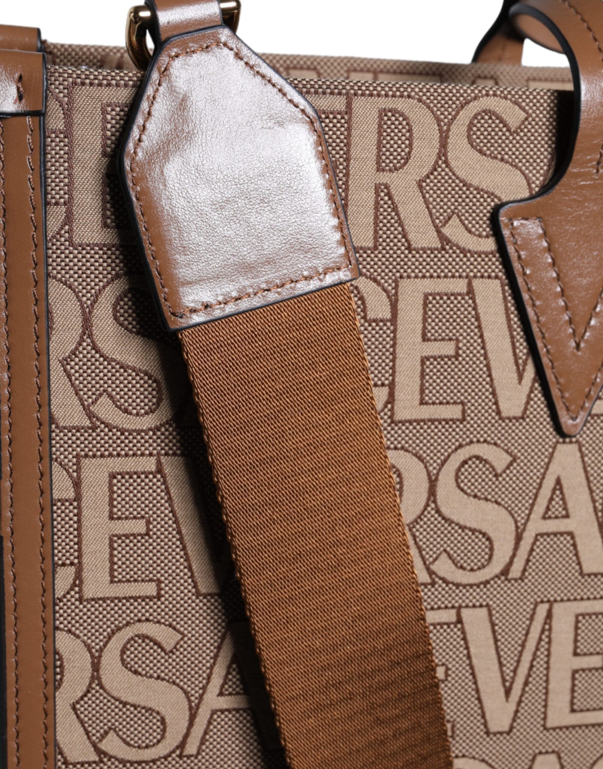 Versace Brown Top Handle Jacquard Leather Logo Crossbody Tote Women's Bag