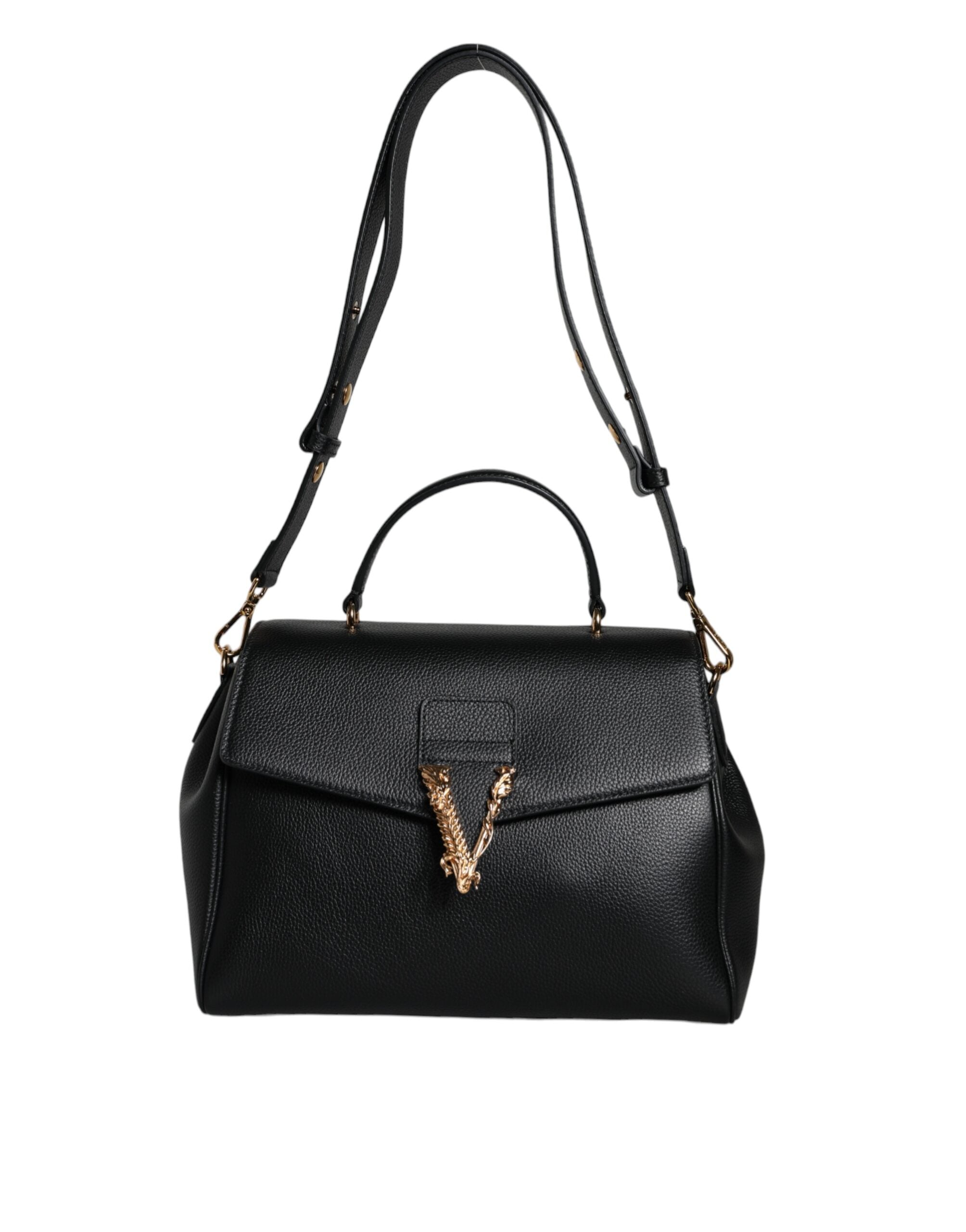 Versace Black Top Handle Grainy Calfskin Leather Crossbody Women's Bag