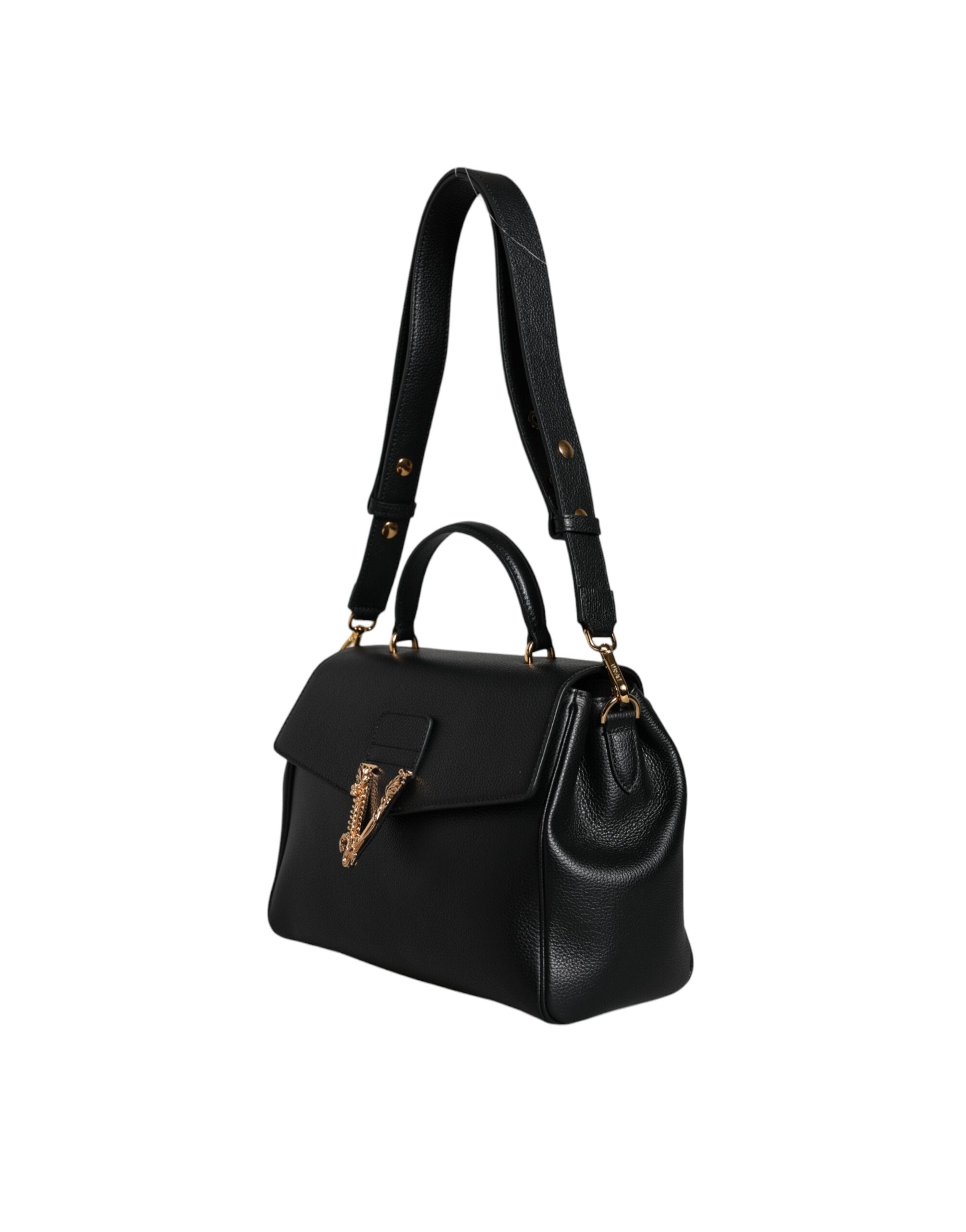 Versace Black Top Handle Grainy Calfskin Leather Crossbody Women's Bag