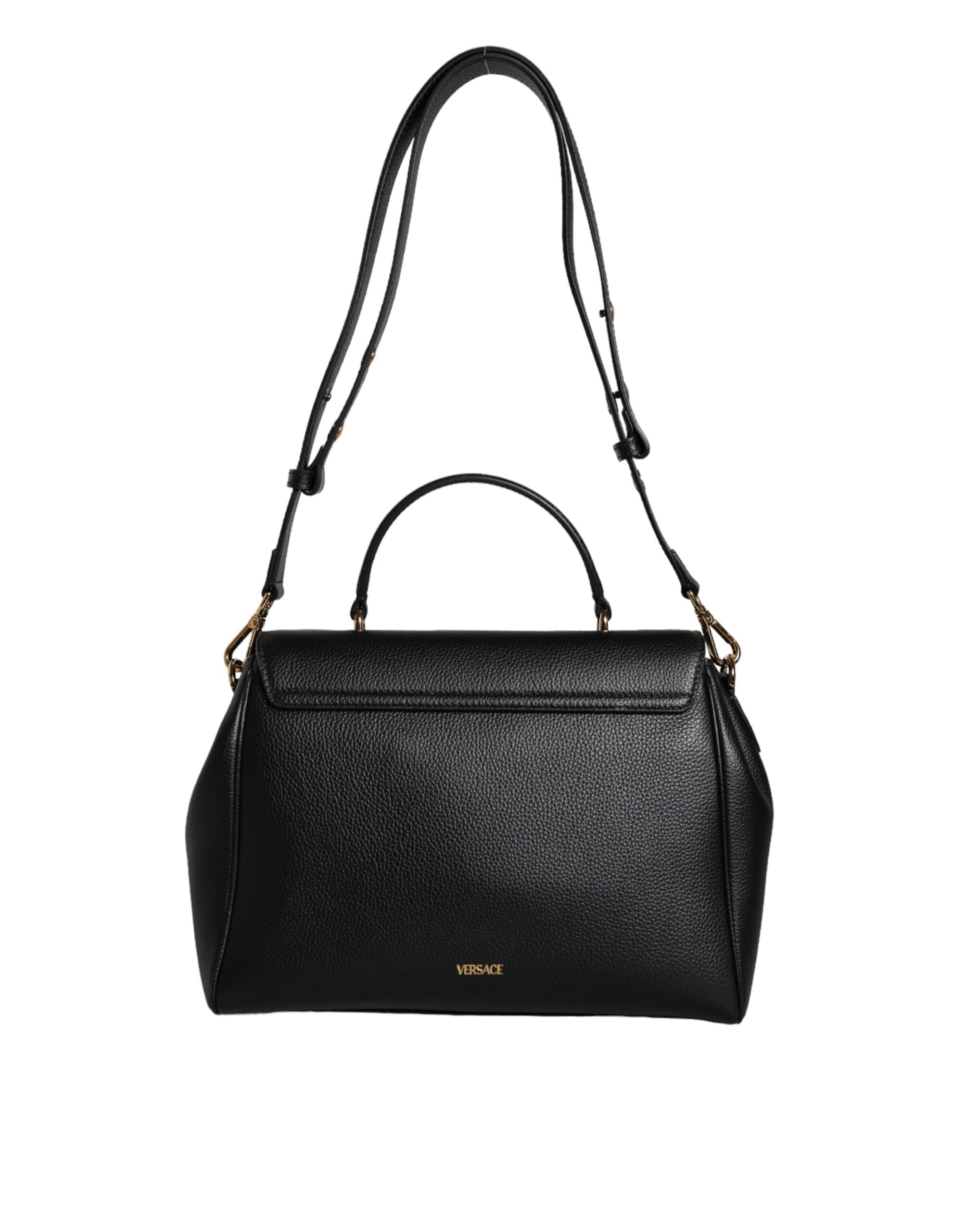 Versace Black Top Handle Grainy Calfskin Leather Crossbody Women's Bag