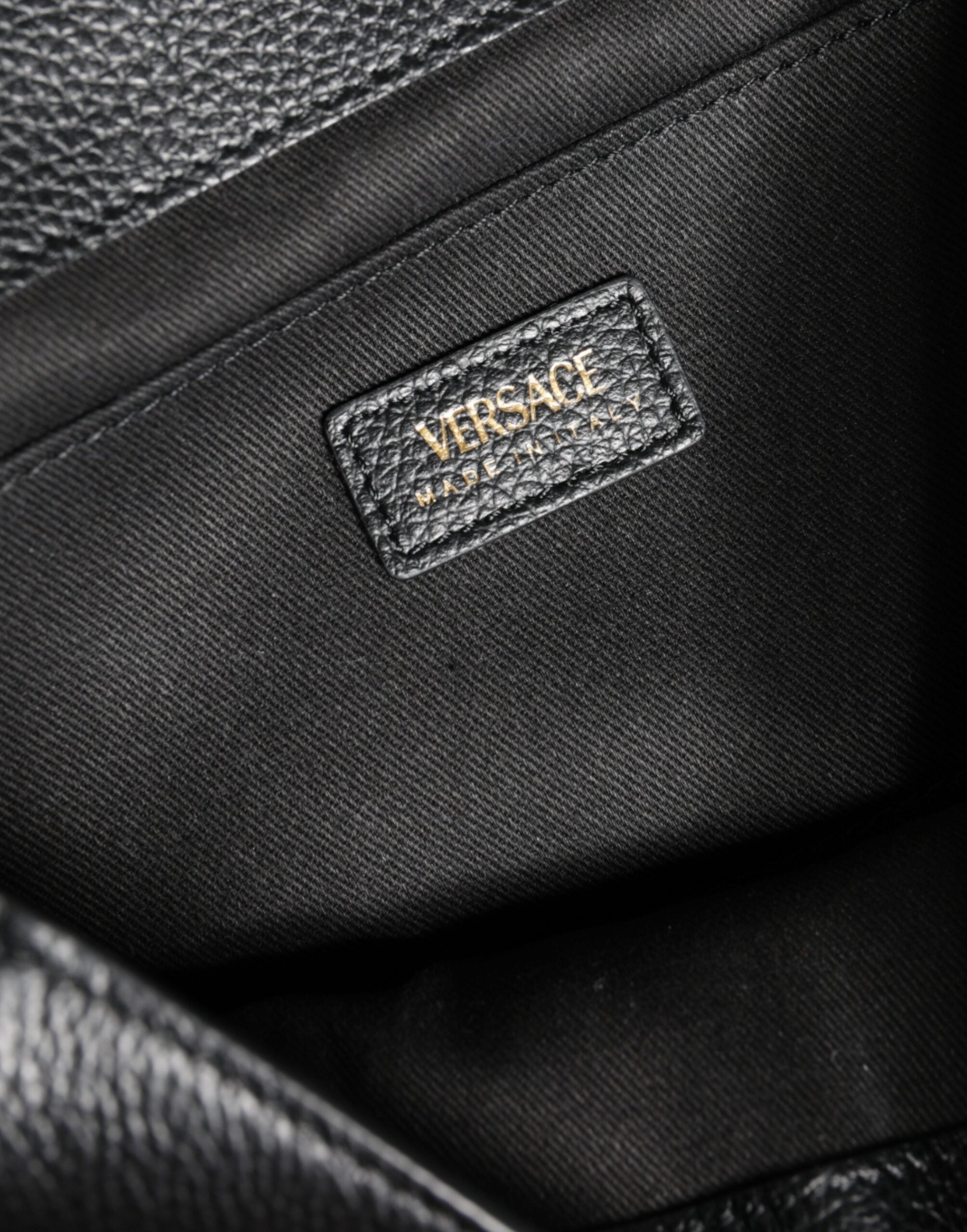 Versace Black Top Handle Grainy Calfskin Leather Crossbody Women's Bag