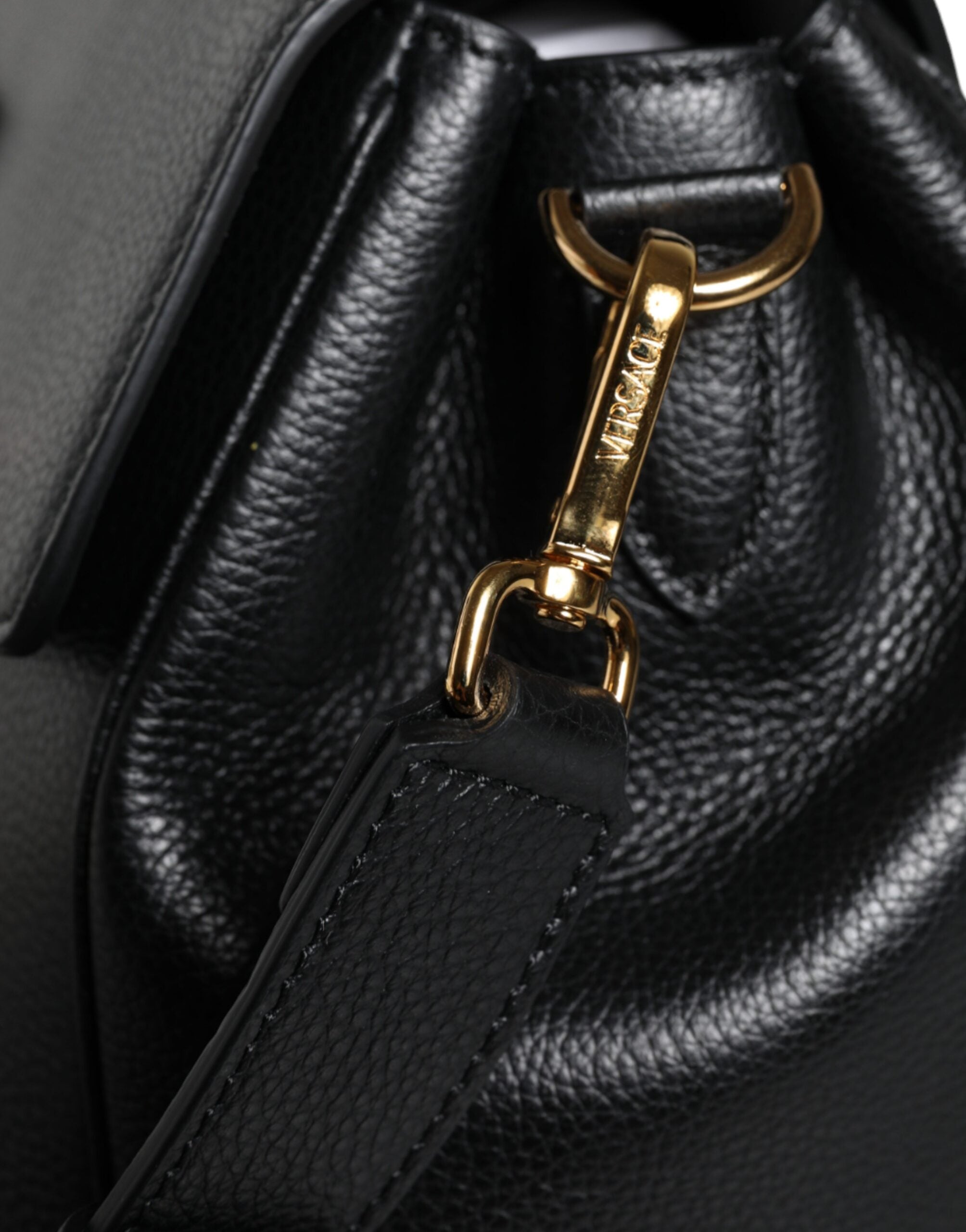 Versace Black Top Handle Grainy Calfskin Leather Crossbody Women's Bag