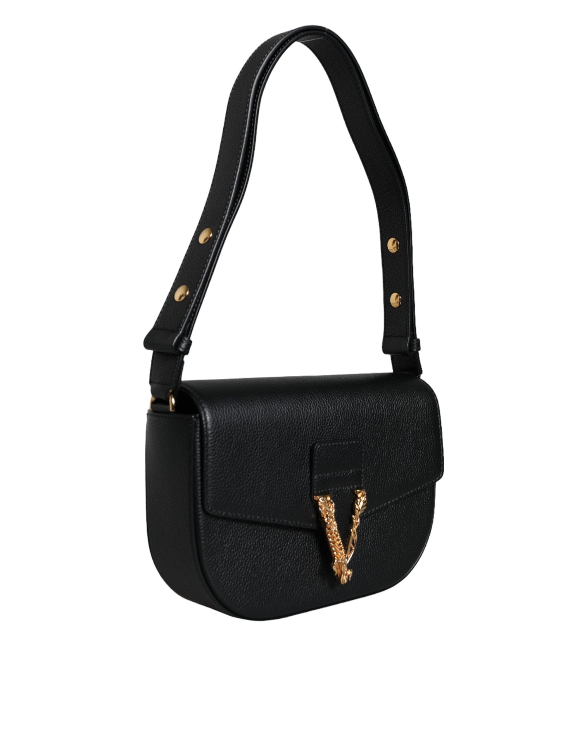 Versace Black Grainy Calf Leather Logo Crossbody Shoulder Women's Bag