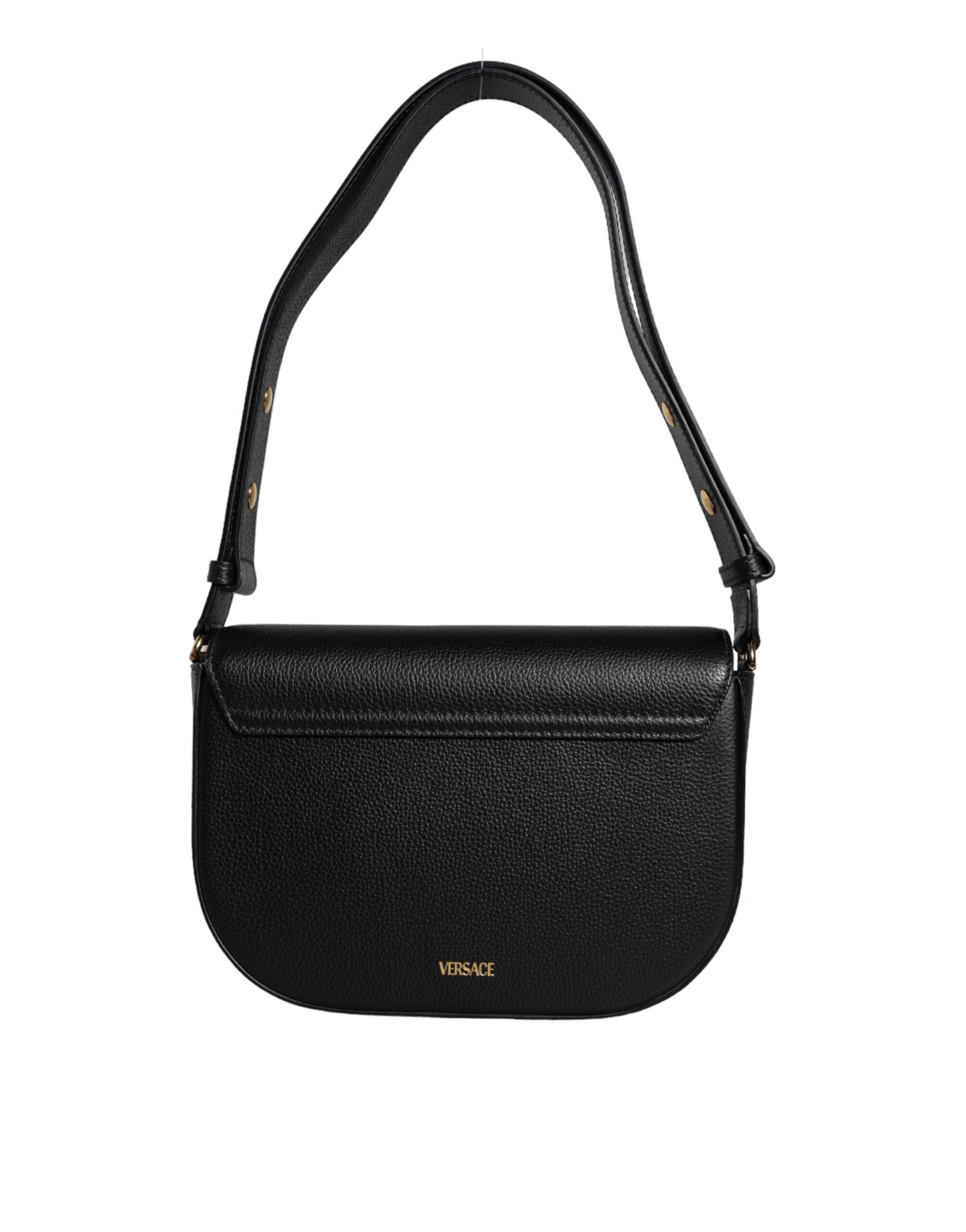 Versace Black Grainy Calf Leather Logo Crossbody Shoulder Women's Bag