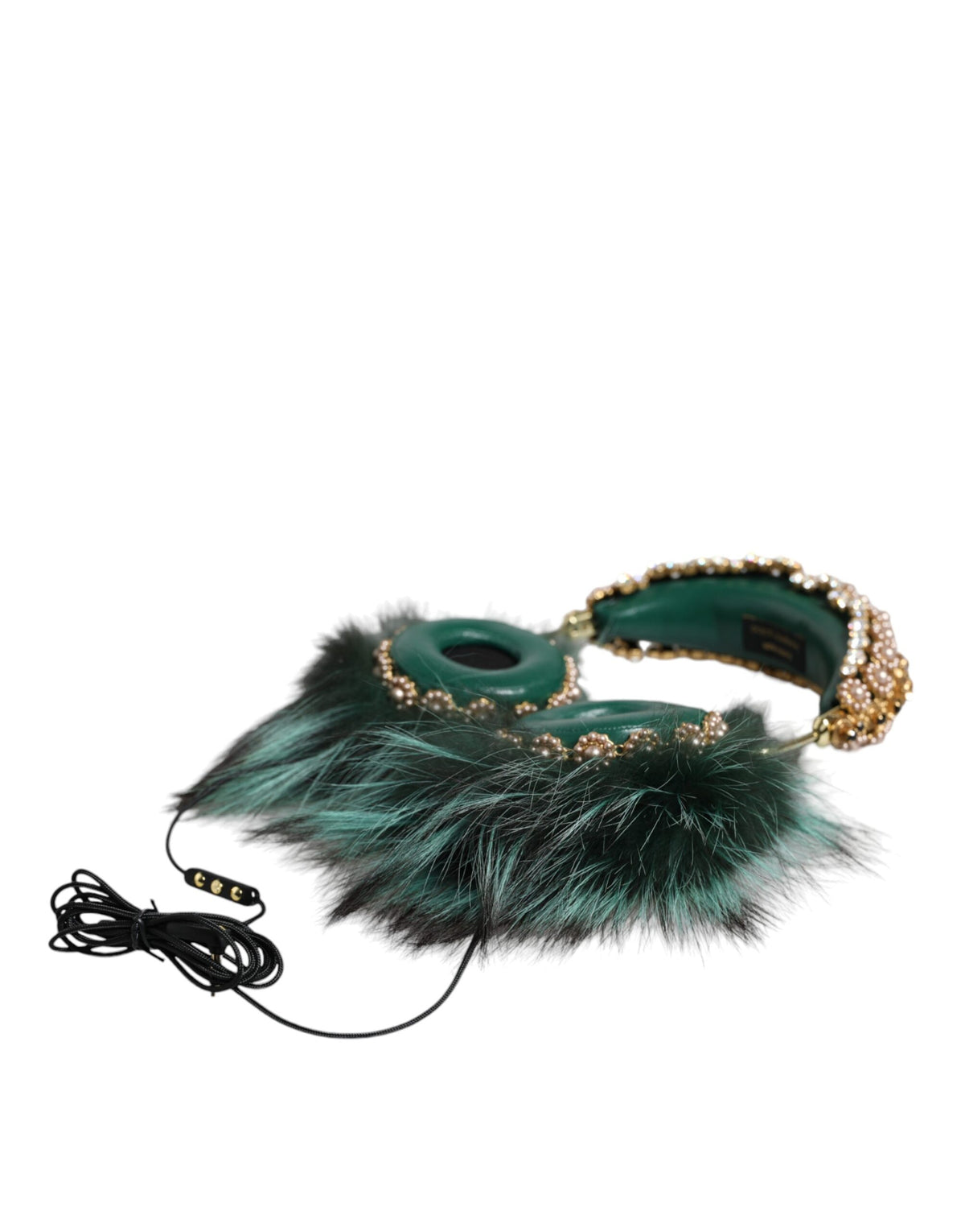 Dolce & Gabbana Green Gold Crystal Fur Headset Audio AUX Women's Headphones