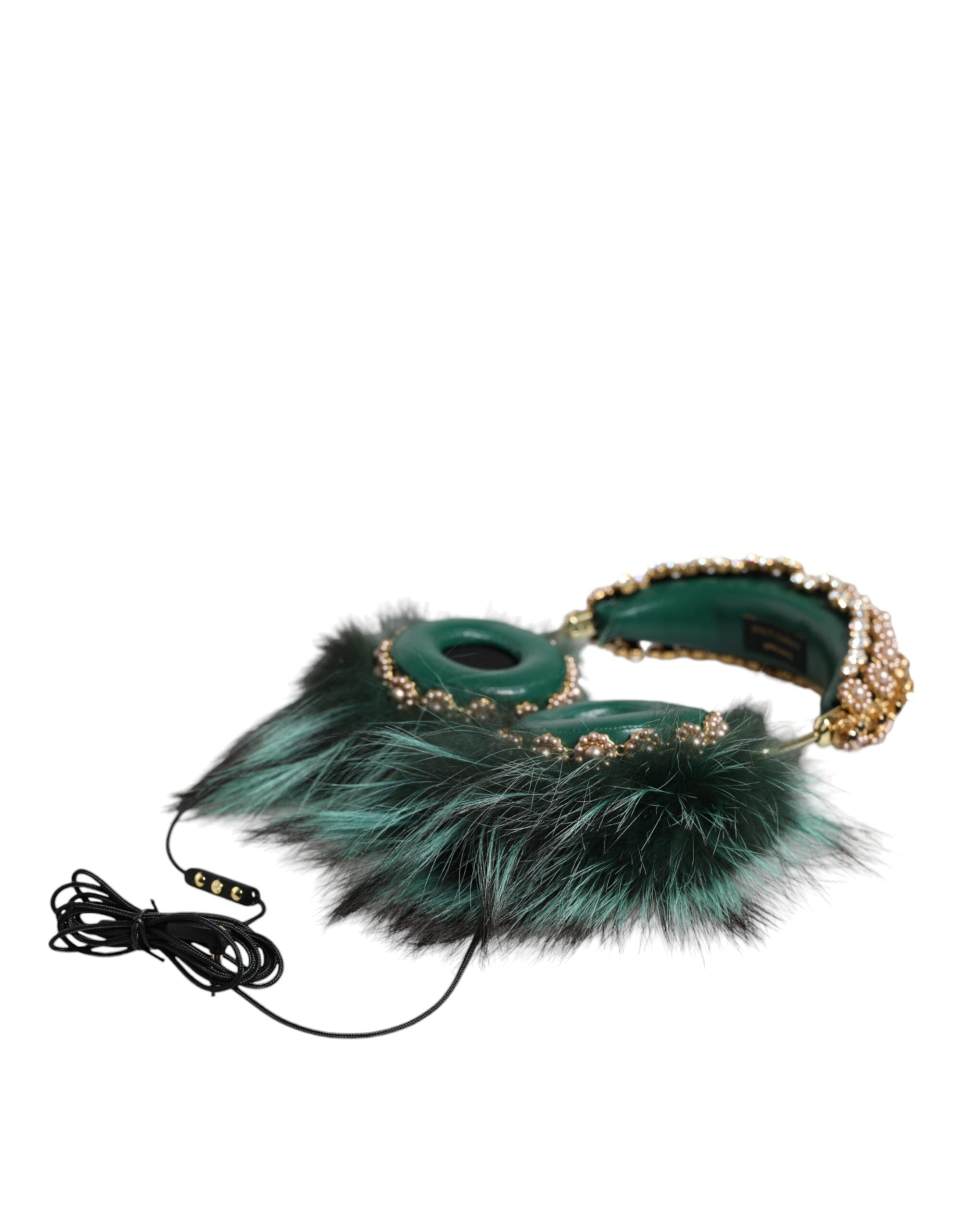 Dolce & Gabbana Green Gold Crystal Fur Headset Audio AUX Women's Headphones