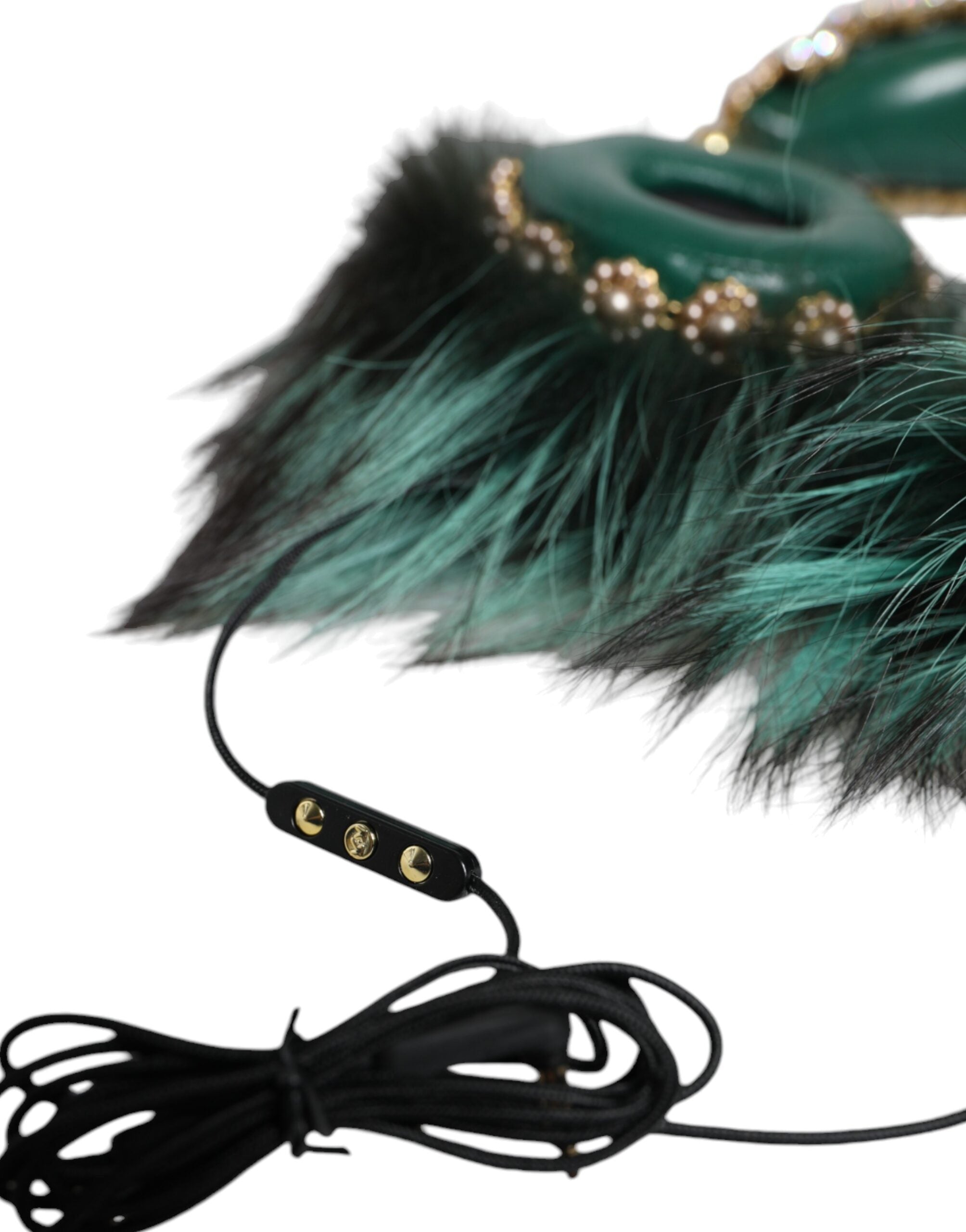 Dolce & Gabbana Green Gold Crystal Fur Headset Audio AUX Women's Headphones