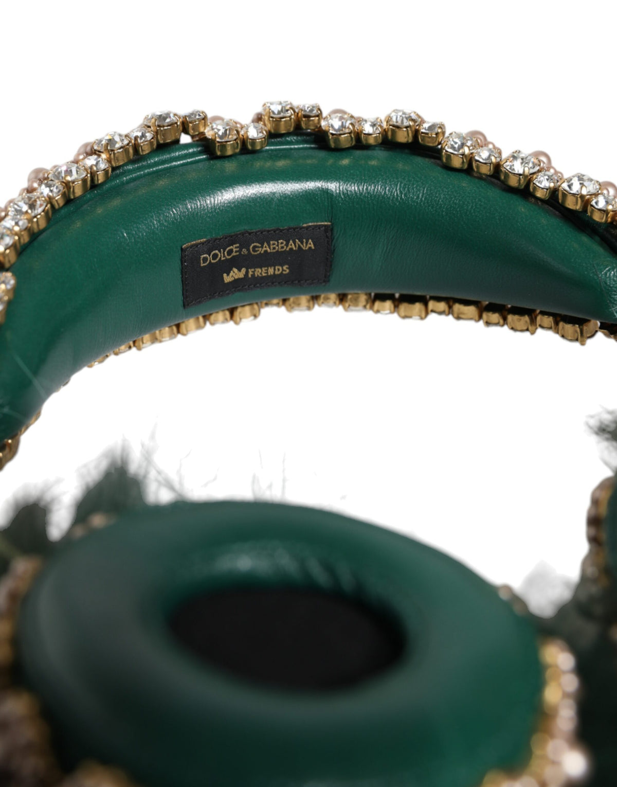 Dolce & Gabbana Green Gold Crystal Fur Headset Audio AUX Women's Headphones