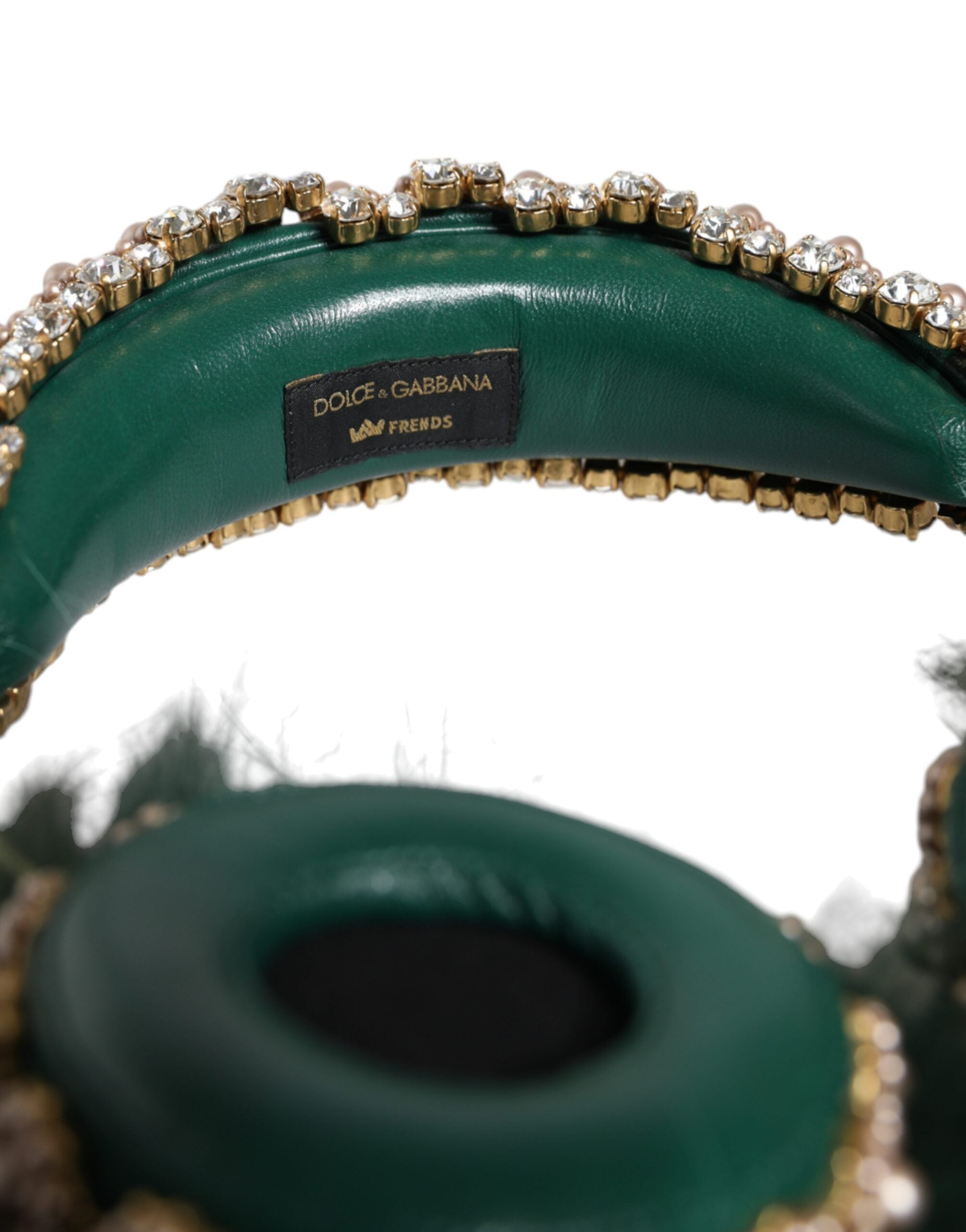 Dolce & Gabbana Green Gold Crystal Fur Headset Audio AUX Women's Headphones